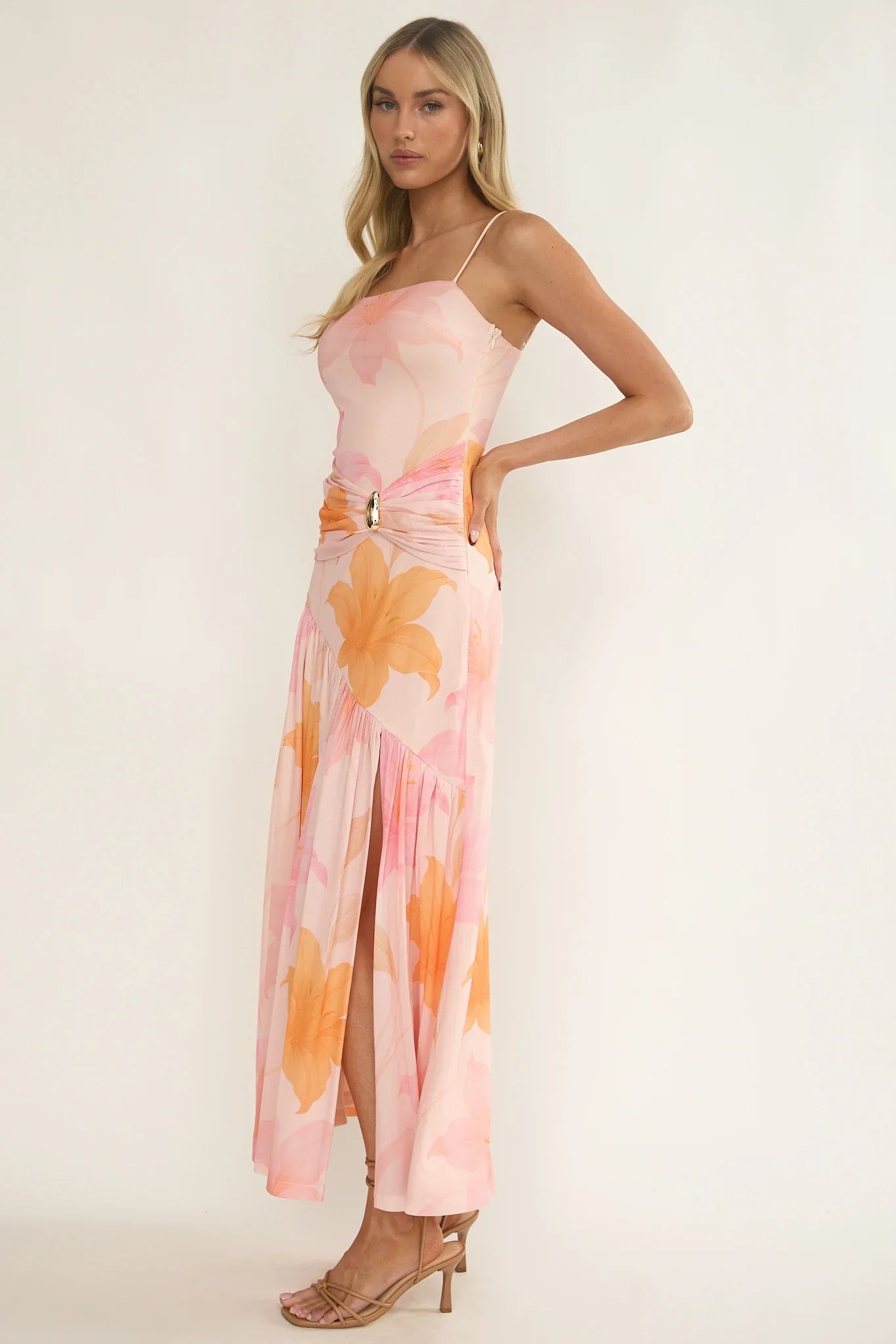 Azure Sun Drop Waist Split Maxi Dress Print Orange