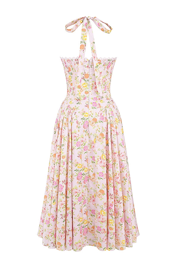 pink meadow print cotton halter midi sundress