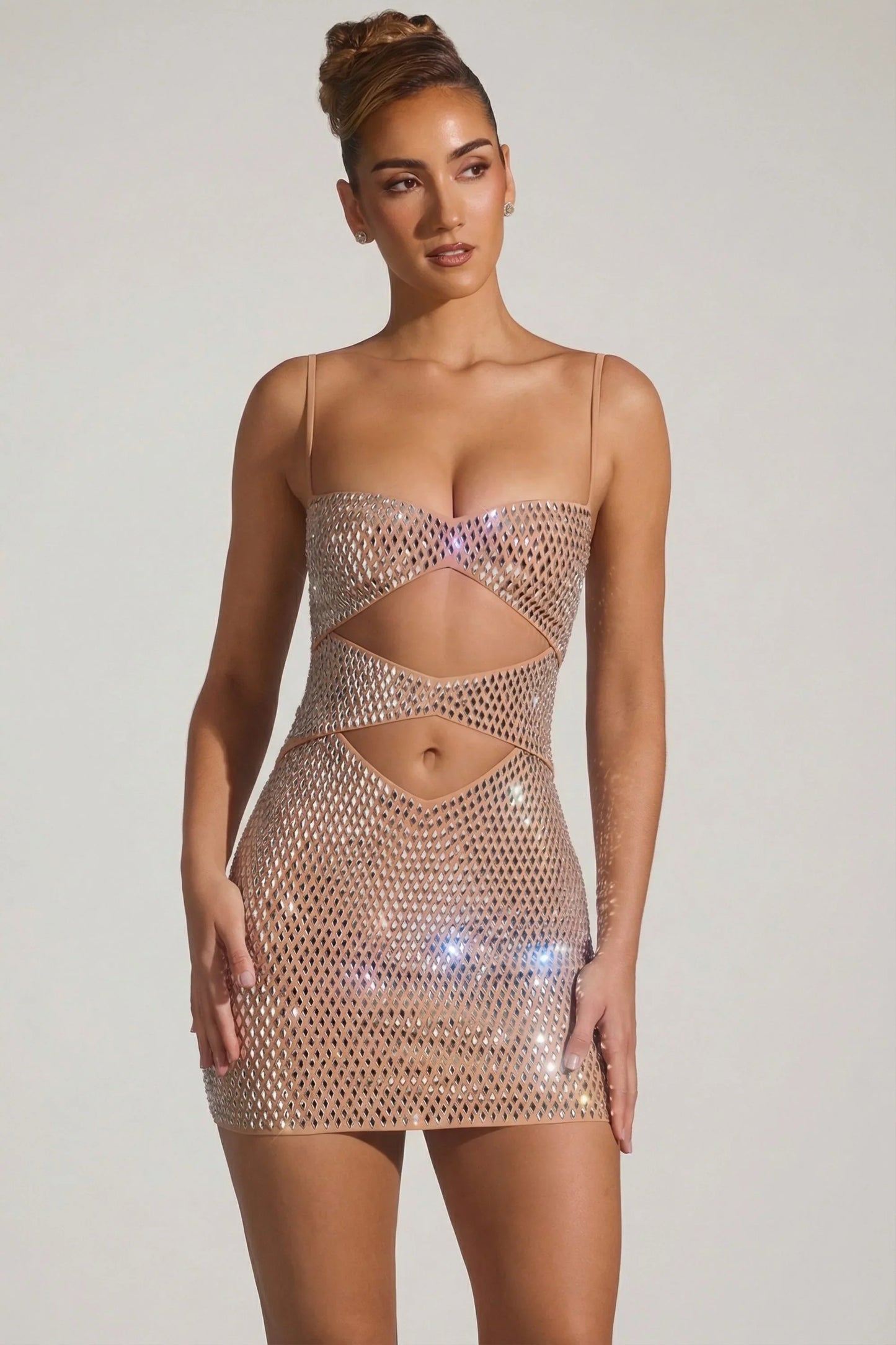 Embellished Cut-Out Mini Dress in Almond