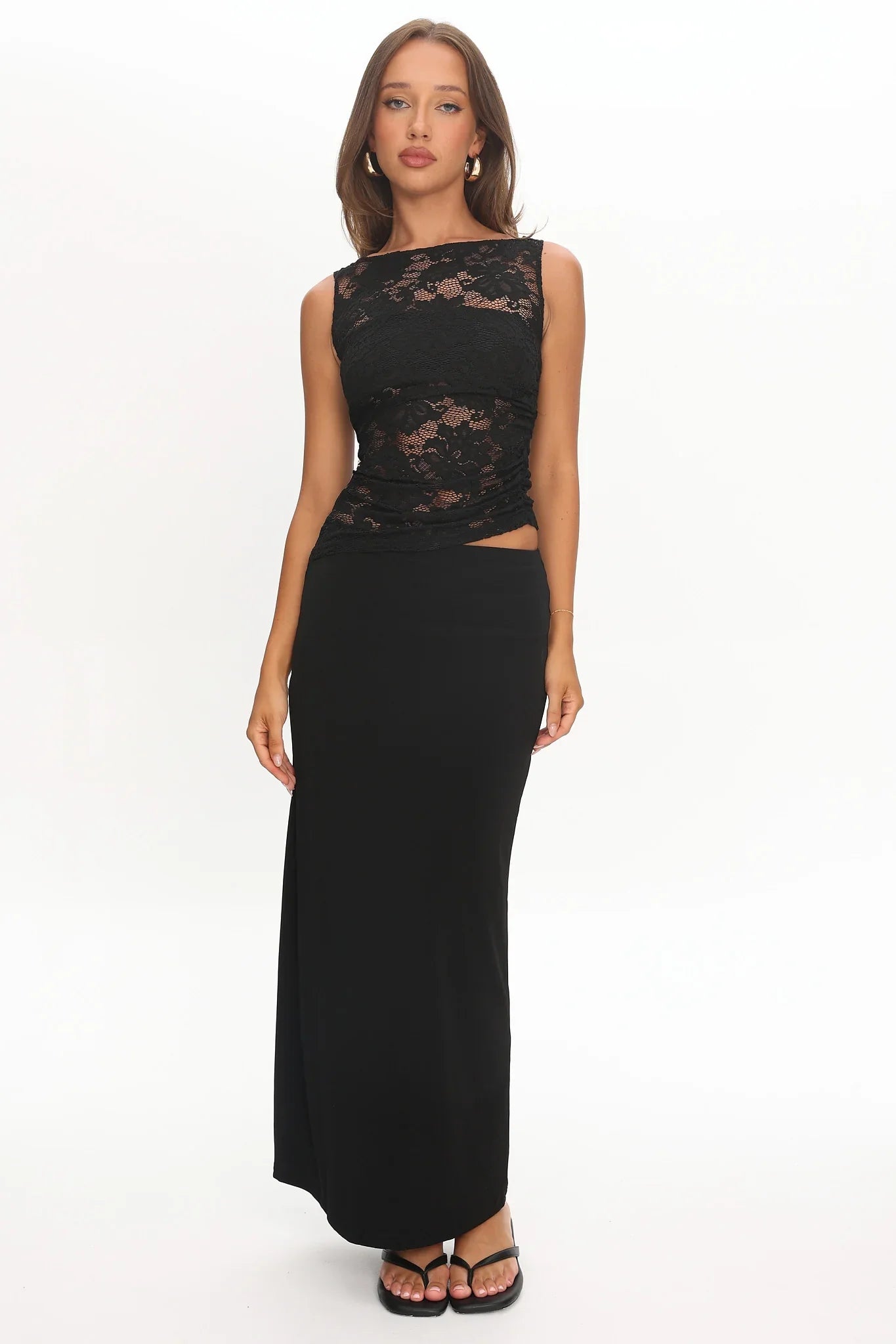 Lorely Ruched Lace Bodice Maxi Dress Black
