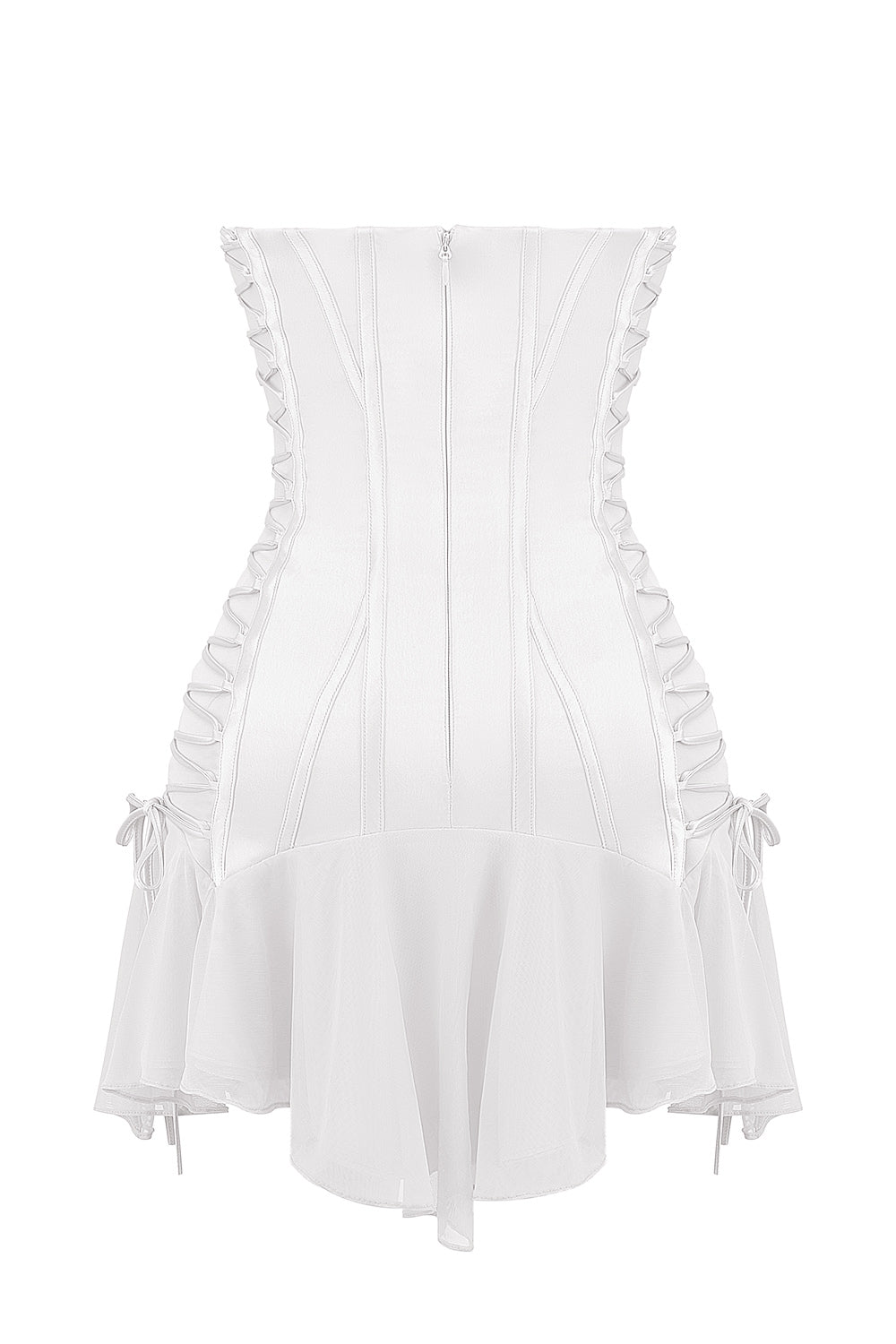 white strapless lace up mini dress