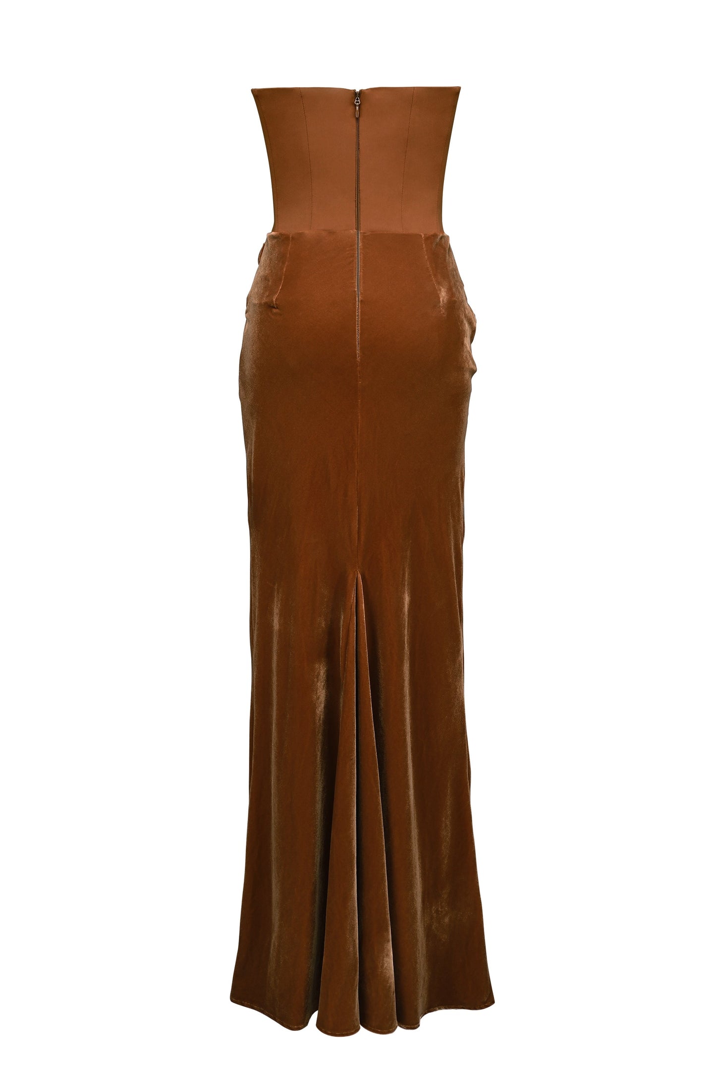 coffee velvet strapless corset maxi dress