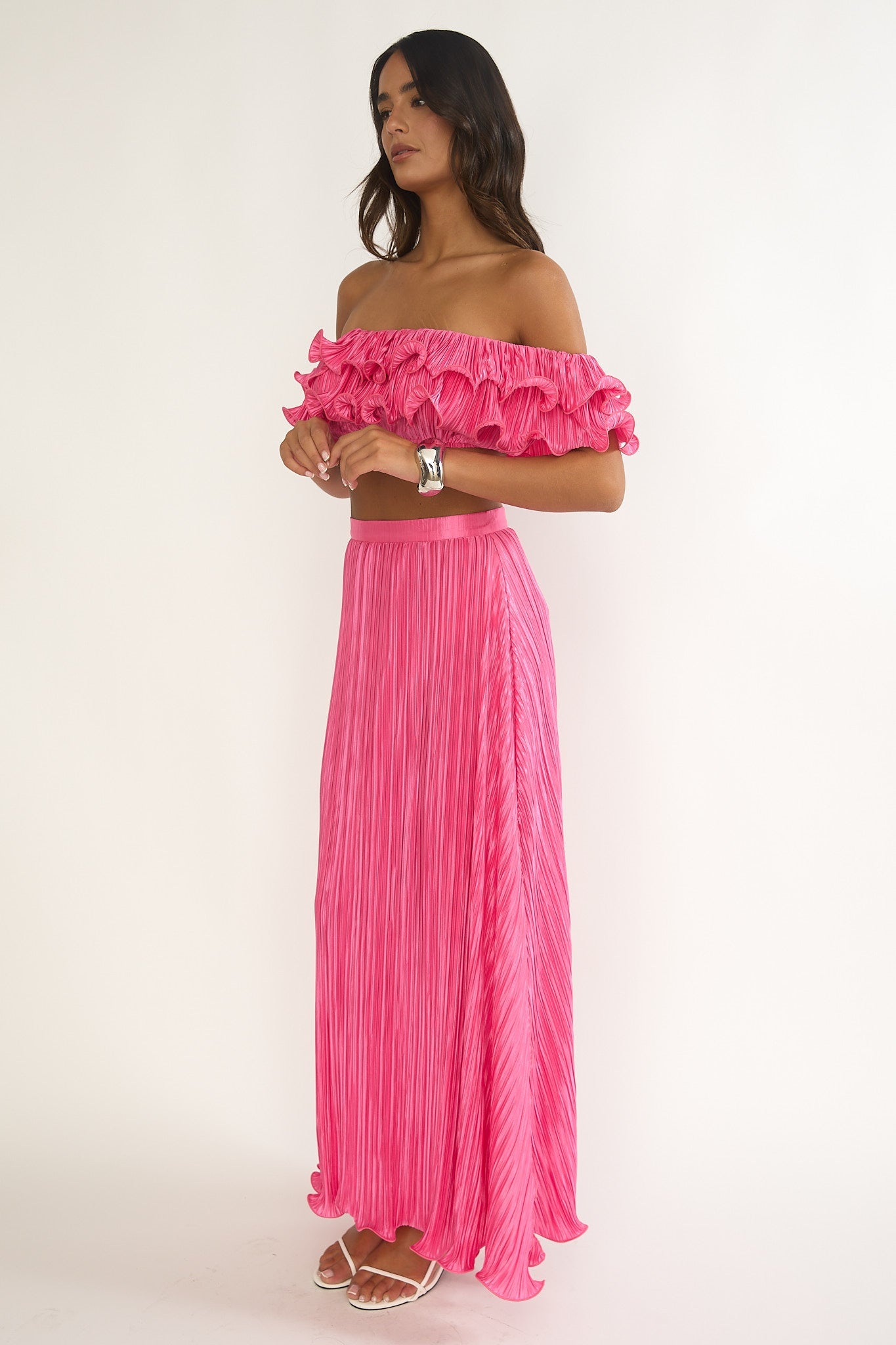 Amaria Lettuce Edge Maxi Skirt Hot Pink