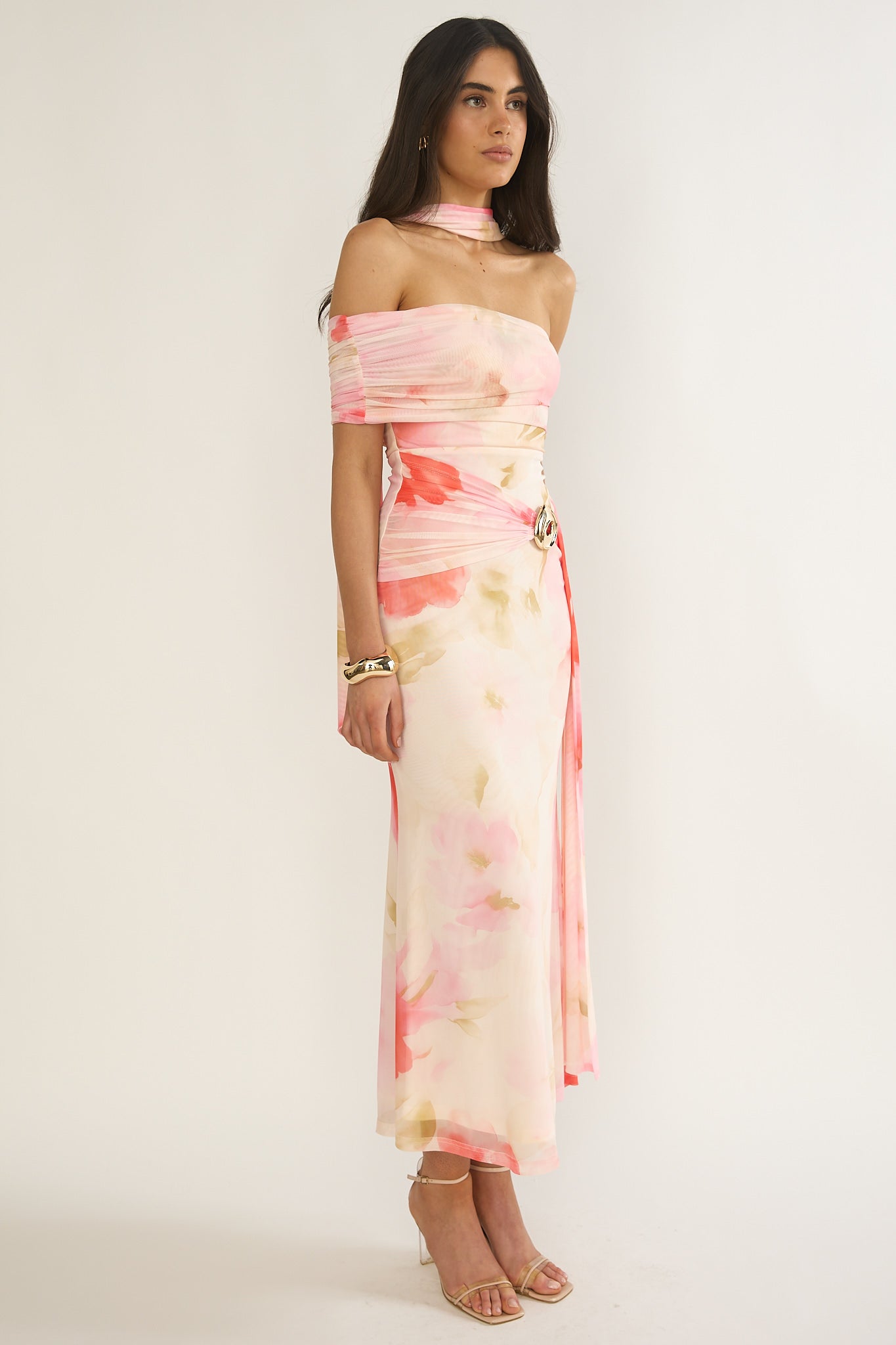 Carrisa One-Sleeve Maxi Dress Floral Pink