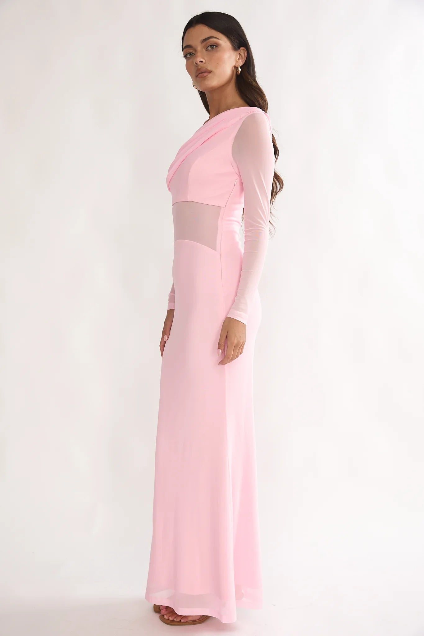 Milos Asymmetric Neckline Long Sleeve Maxi Dress Pink