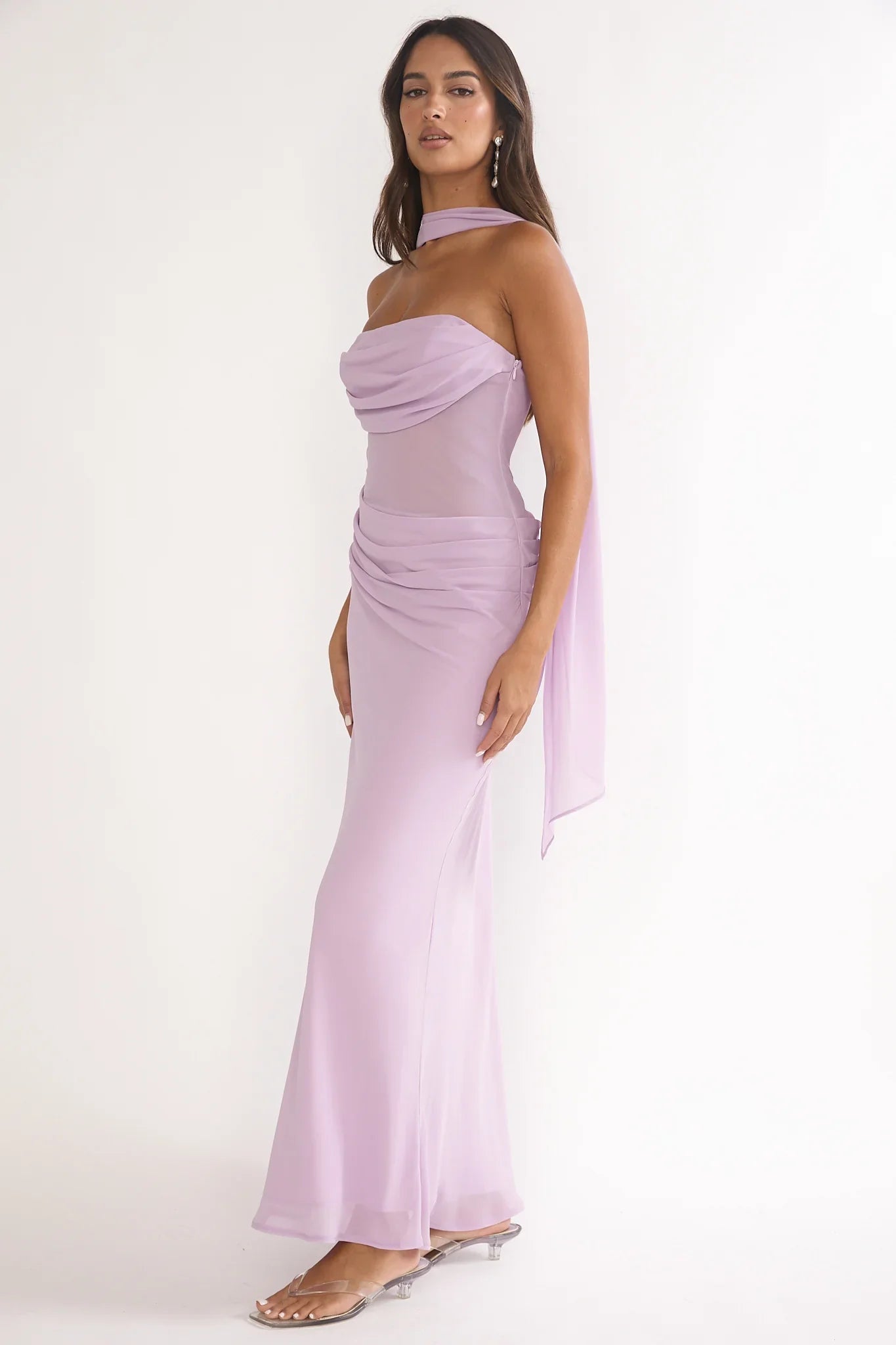 Unforgettable Day Drape Waist Strapless Maxi Dress Lilac