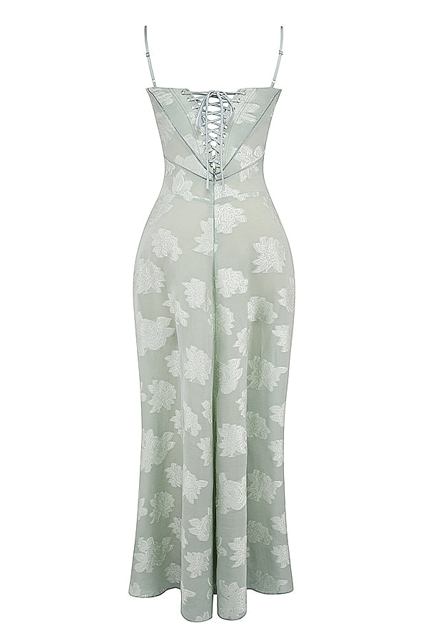 pistachio floral lace back maxi dress