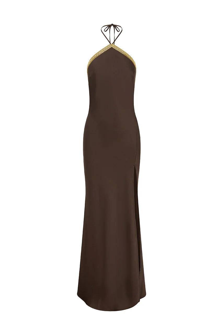 SHAE HALTER MAXI DRESS - BITTER CHOCOLATE