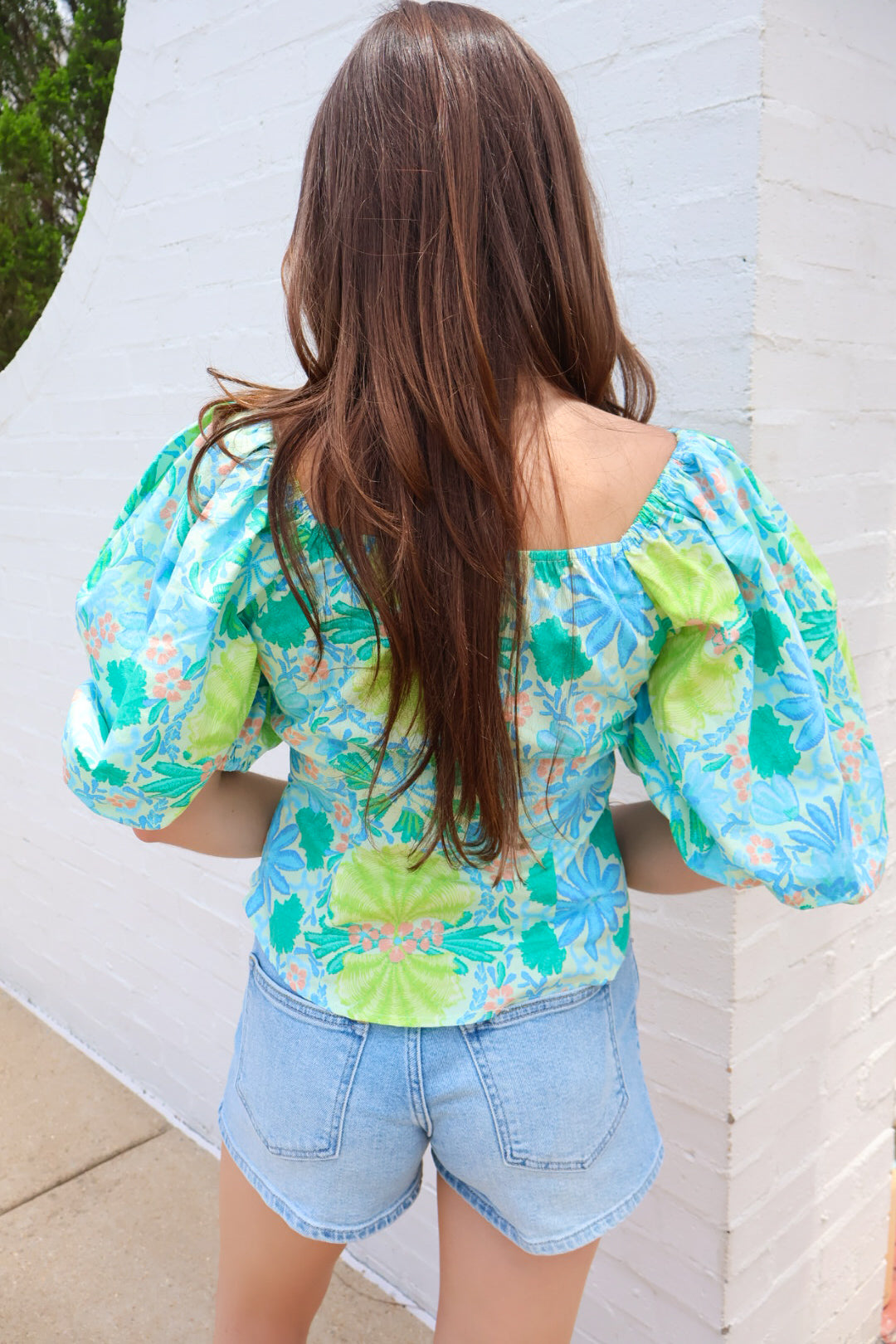 Green and Blue Floral Puff Sleeve Top