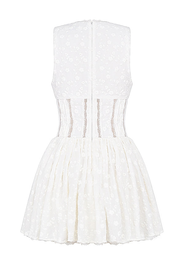 white cotton broderie anglais plunge mini dress