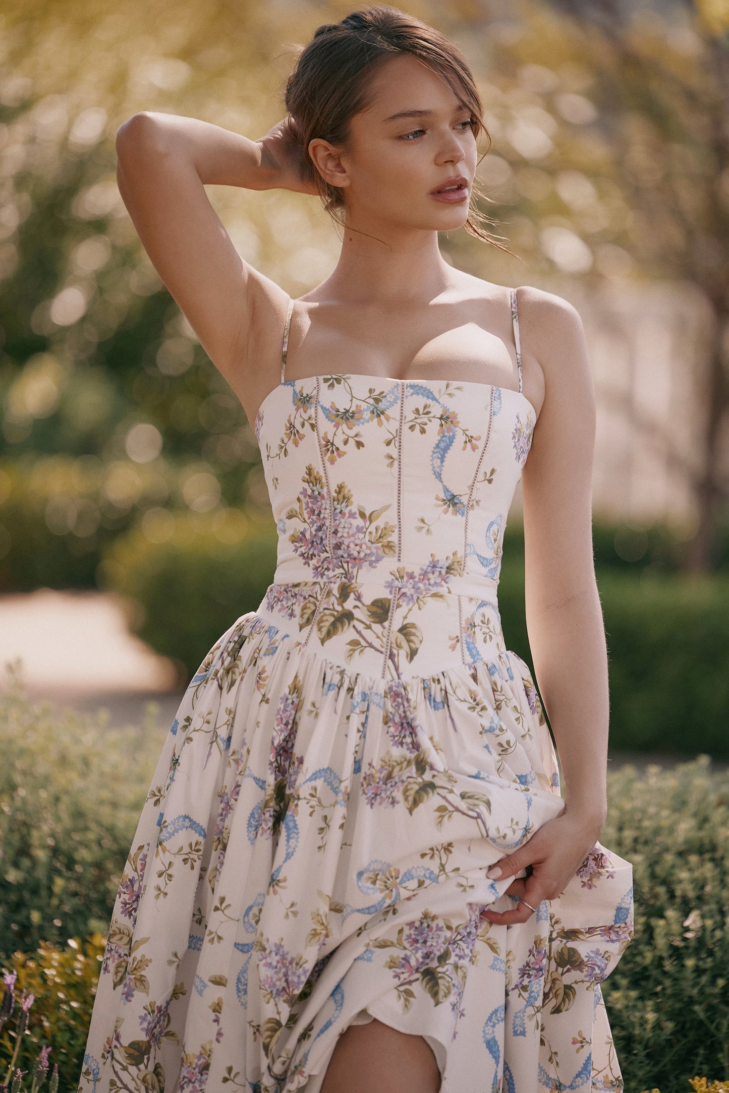 off white vintage ribbon print cotton midi sundress
