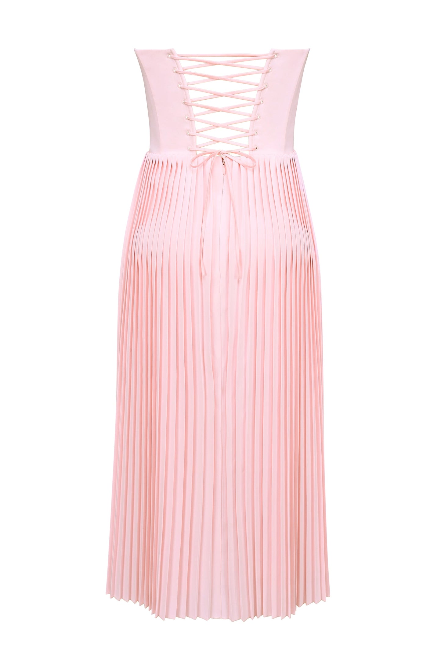 pink pleated midi corset dress