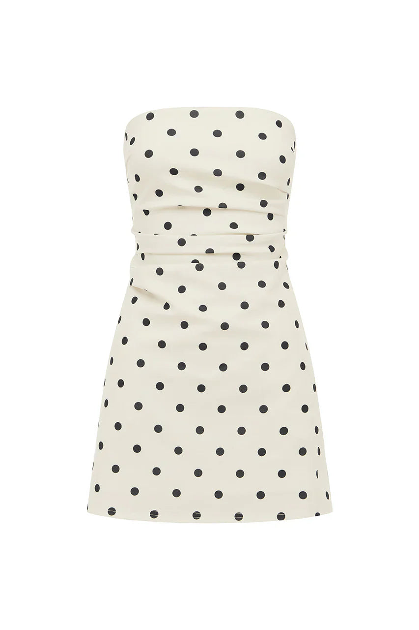 CAIRO STRAPLESS MINI DRESS - WHITE/BLACK POLKA