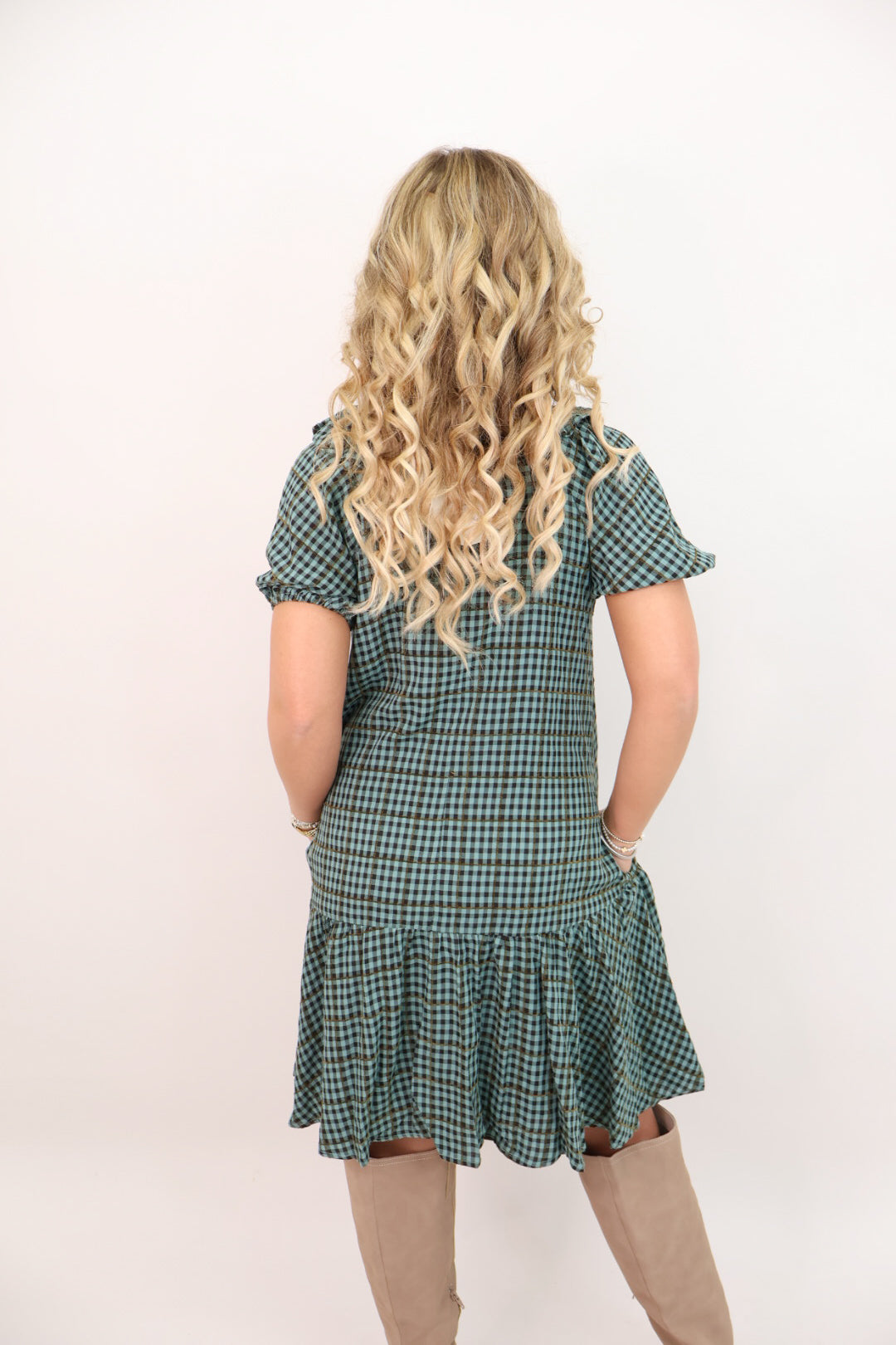 Green Plaid Bow Tie Babydoll Dress