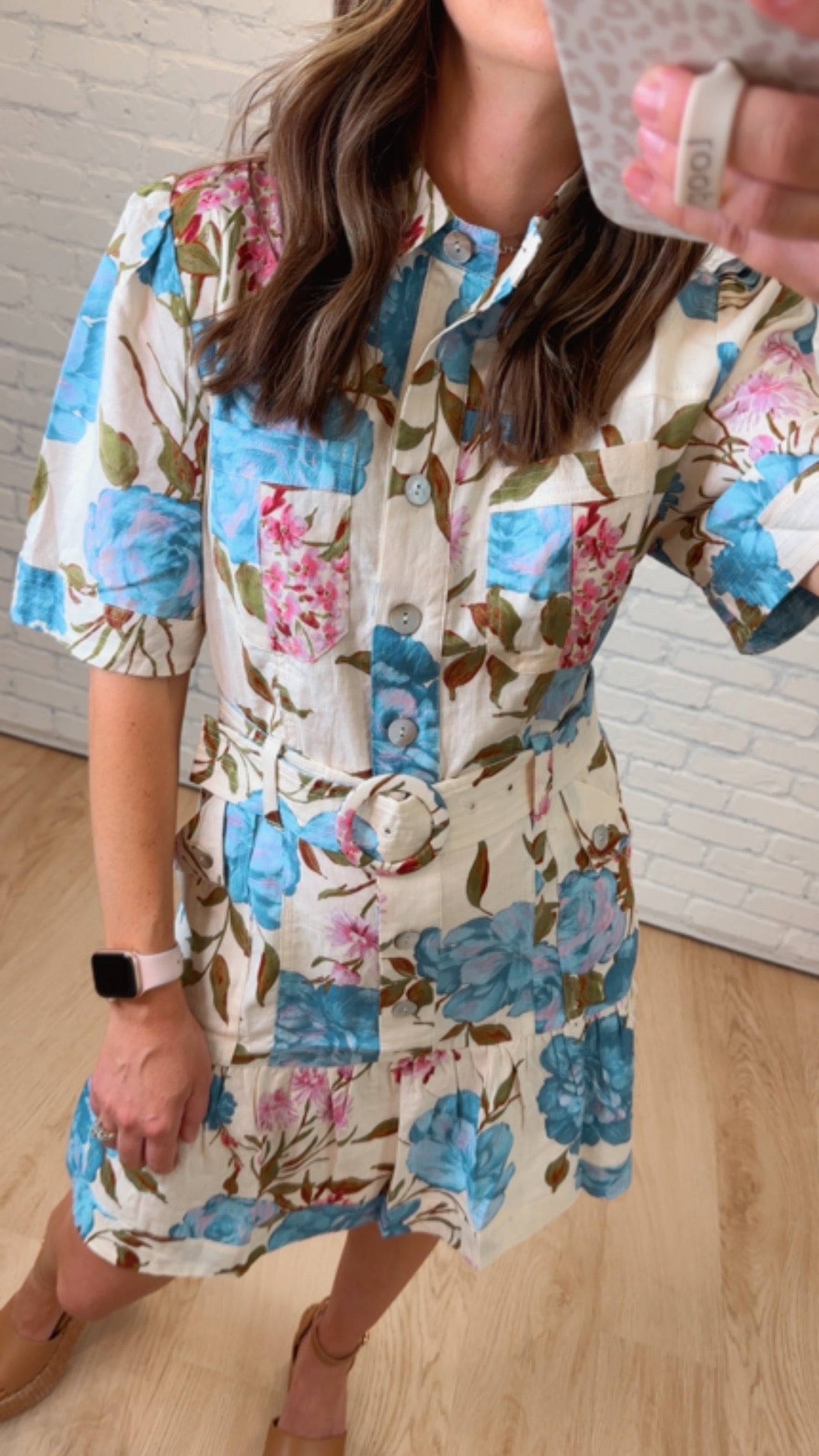 Blue Floral Linen Blend Belted Shirt Dress