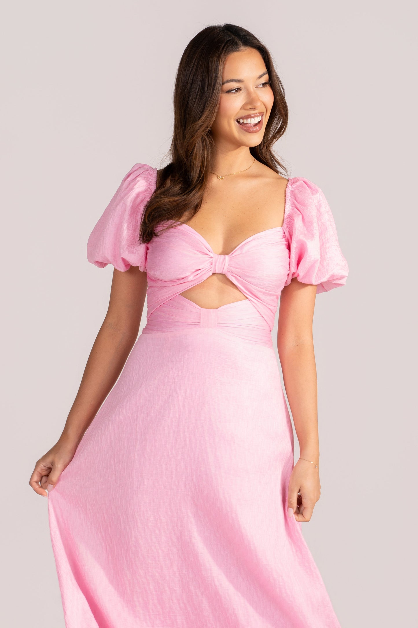 Brinley Classic Pink Puff Sleeve Midi Dress