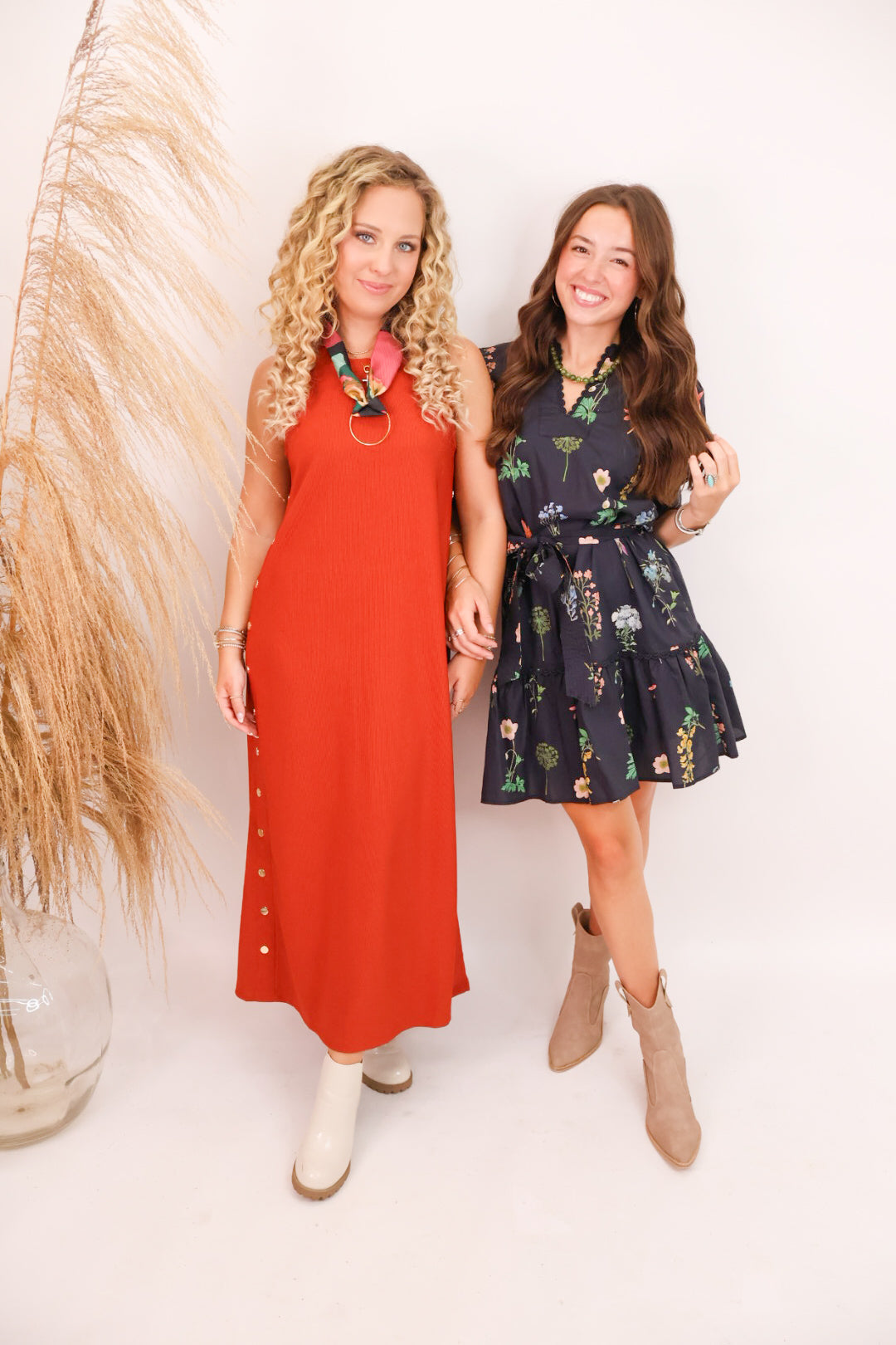 Gold Studded Rust Sleeveless Midi Dress