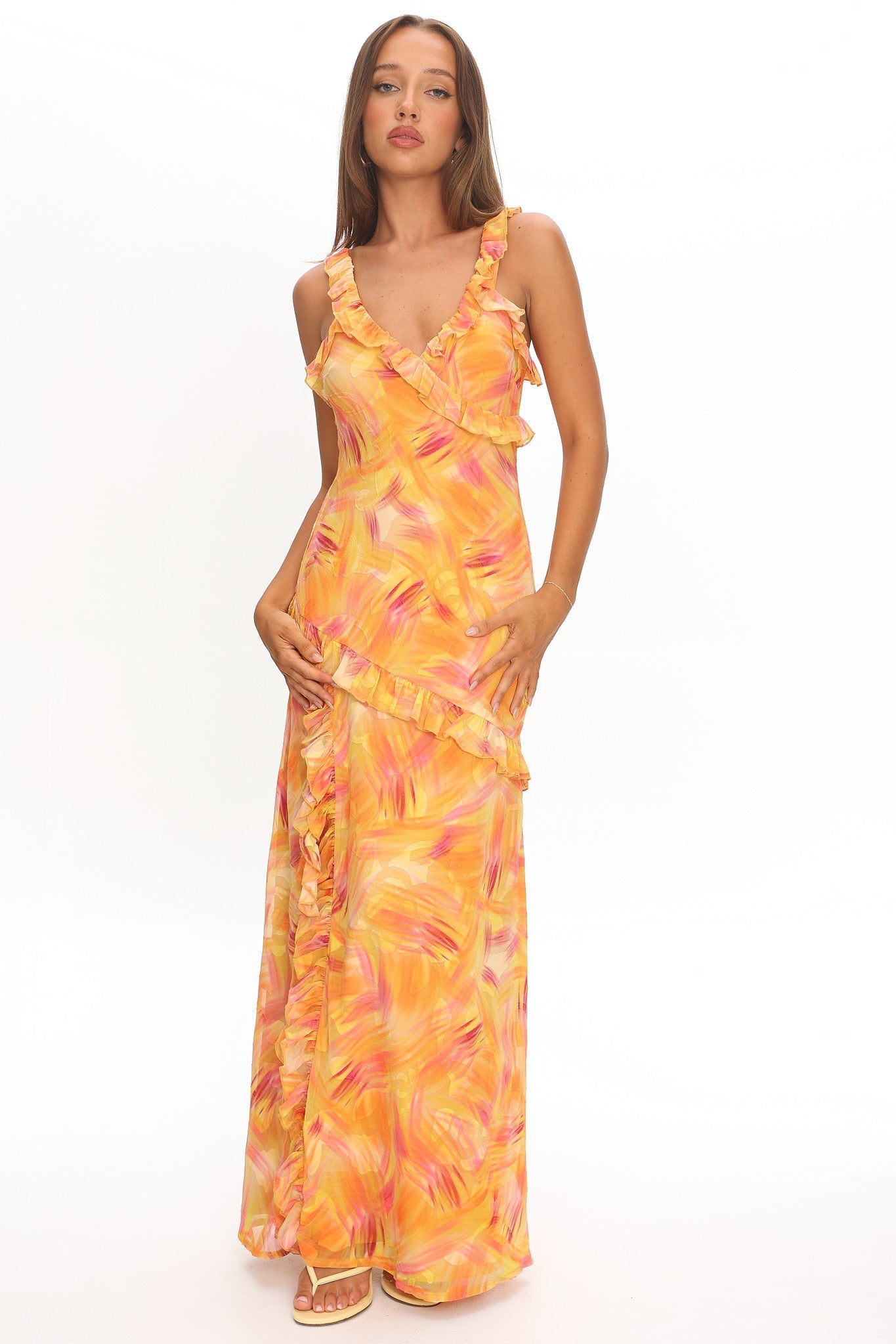 Alba Frill Trim Maxi Dress Abstract Orange