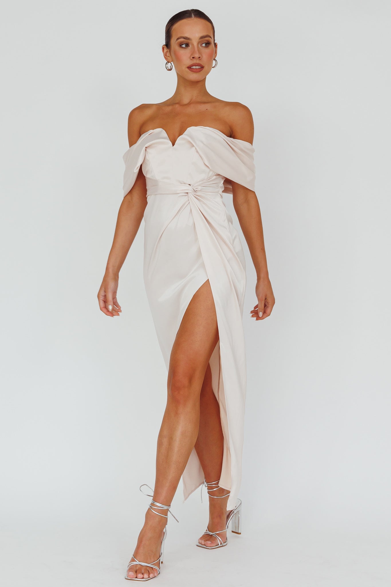 Amaryllis Off-Shoulder Twist Maxi Dress Pearl
