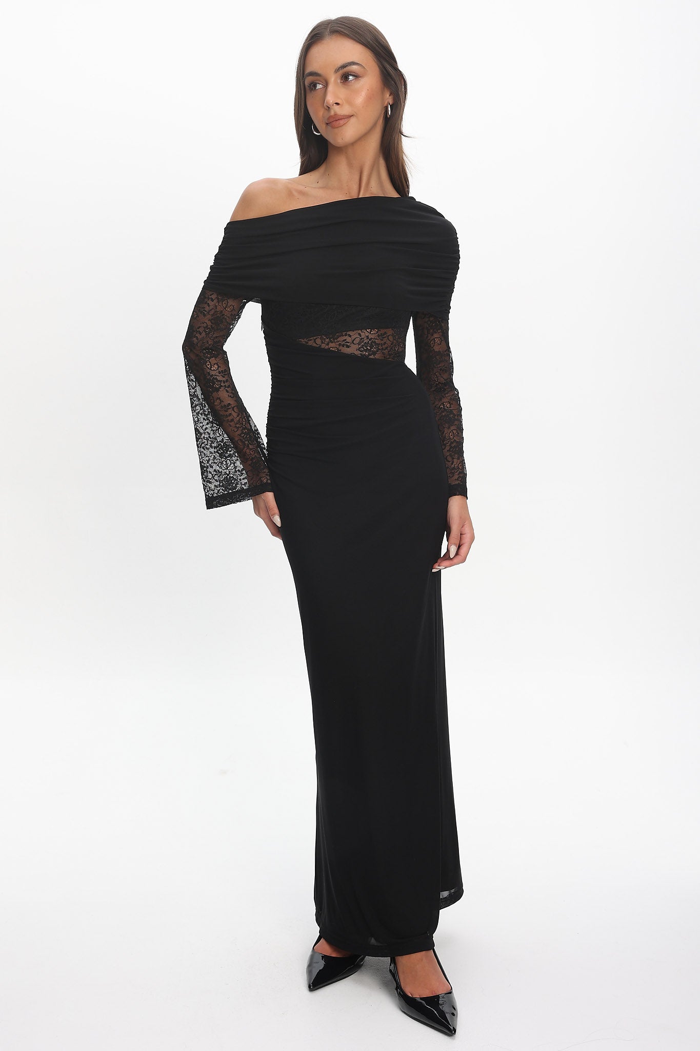 Alivya Asymmetric Neckline Lace Trim Maxi Dress Black