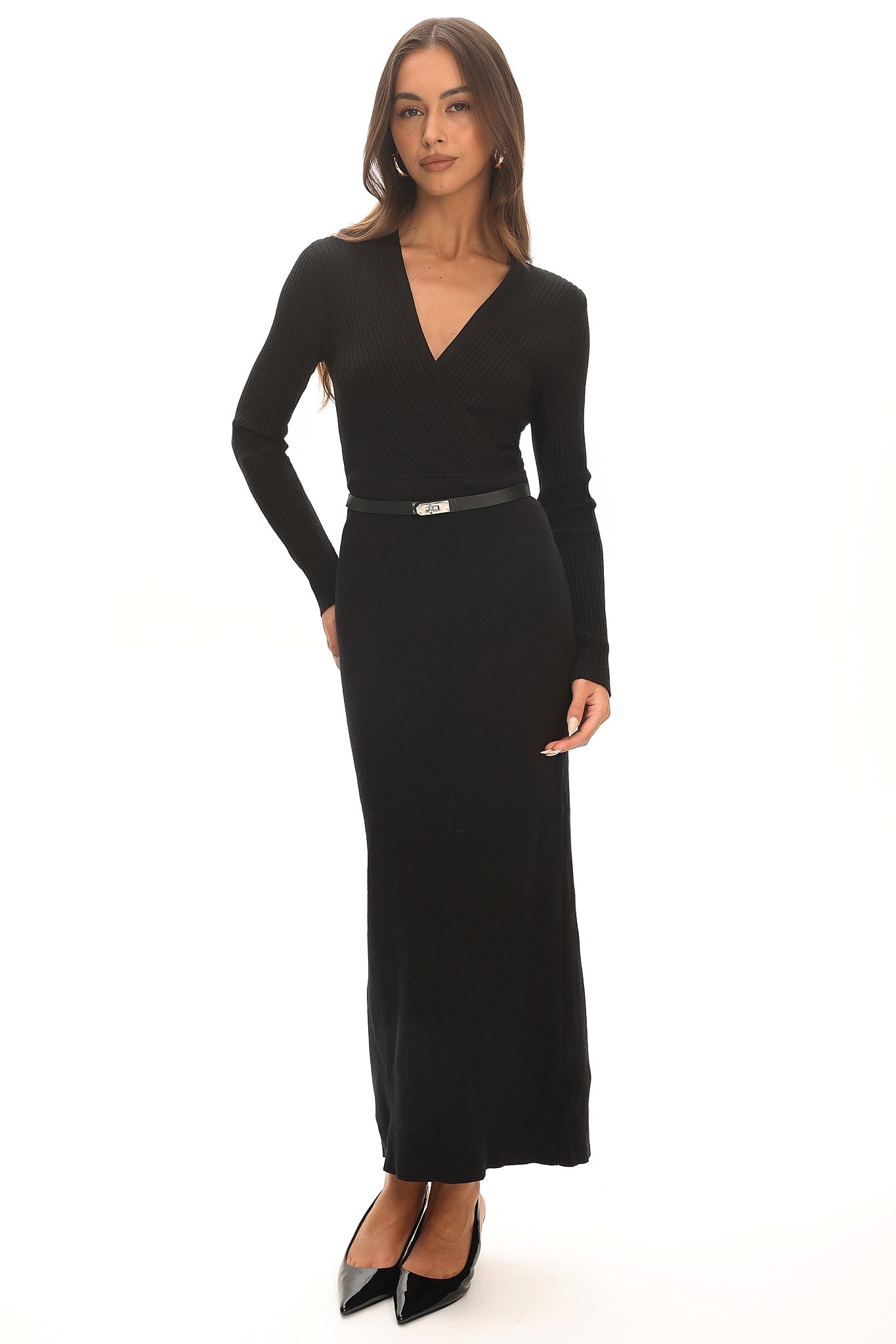 Casiah Belted Knit Maxi Dress Black
