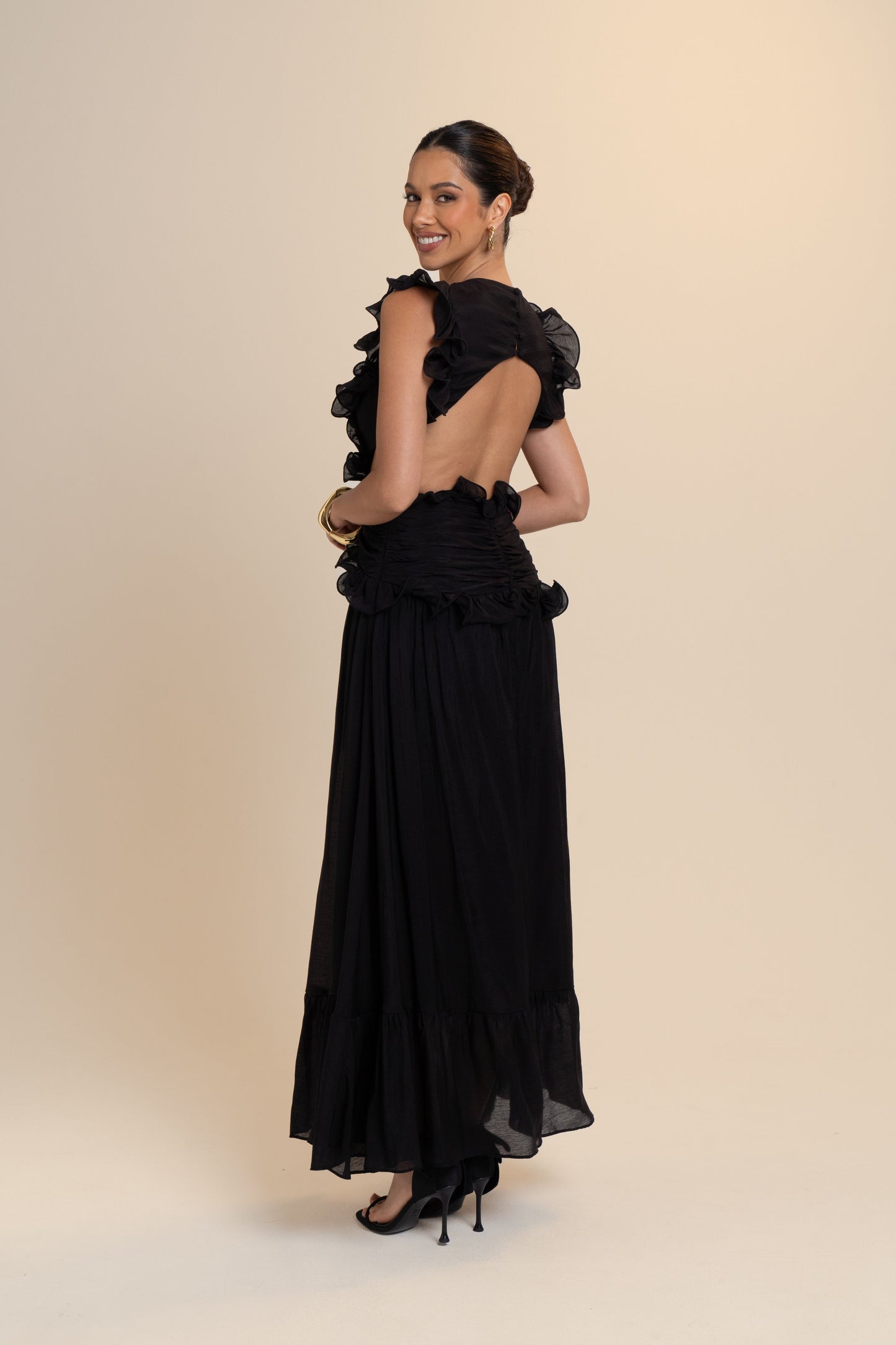 Clarisse Ruffle Trim Open Back Maxi Dress