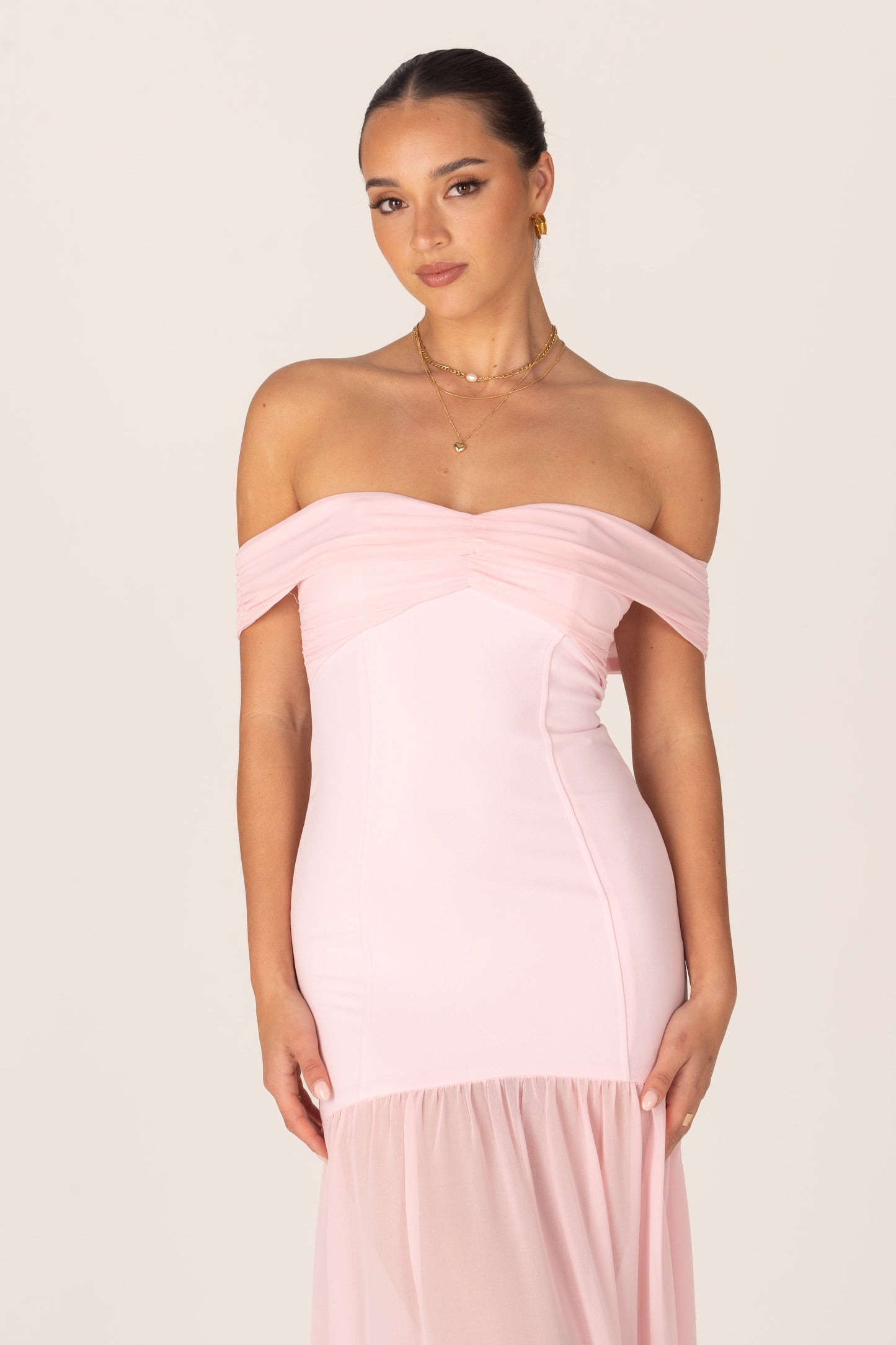 Kaia Pink Off-Shoulder Flare Hem Gown