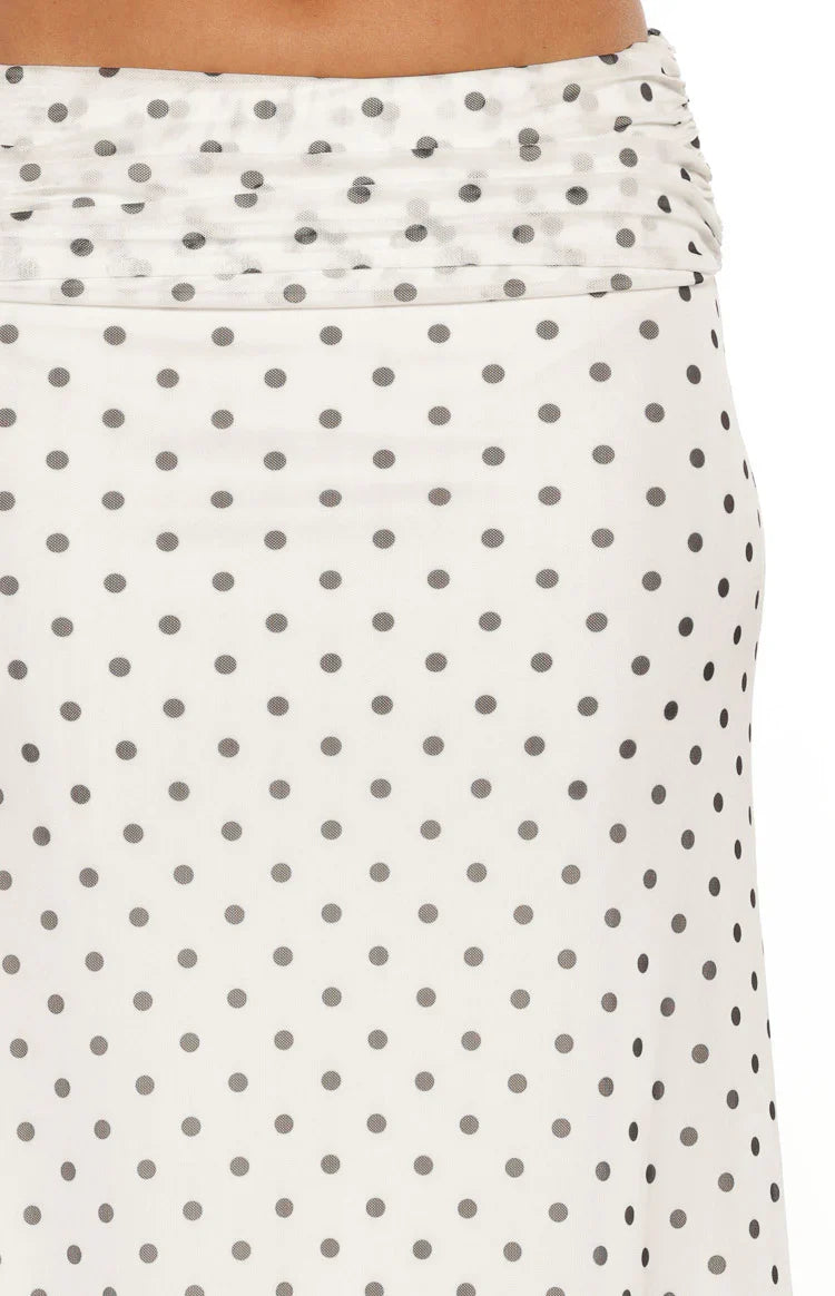 Rozie White Polka Dot Mesh Maxi Skirt