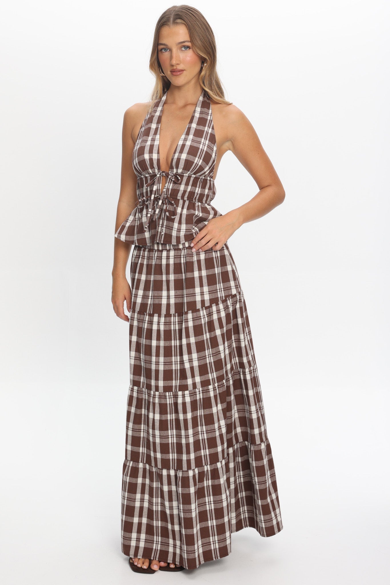 Admire Elasticated Maxi Skirt Plaid Chocolate