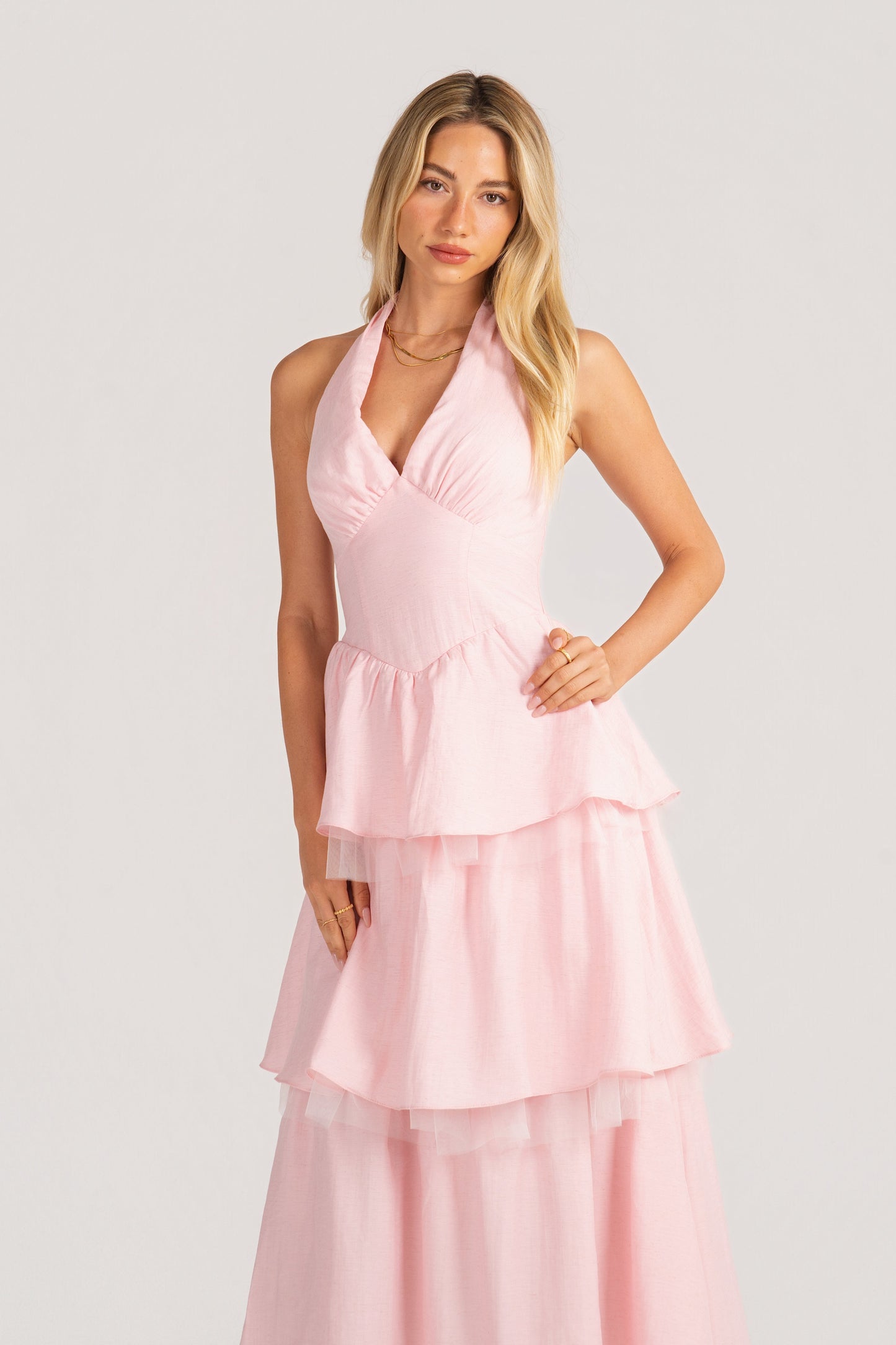 Taisia Pink Halter Neck Dress with Ruffle Tiers