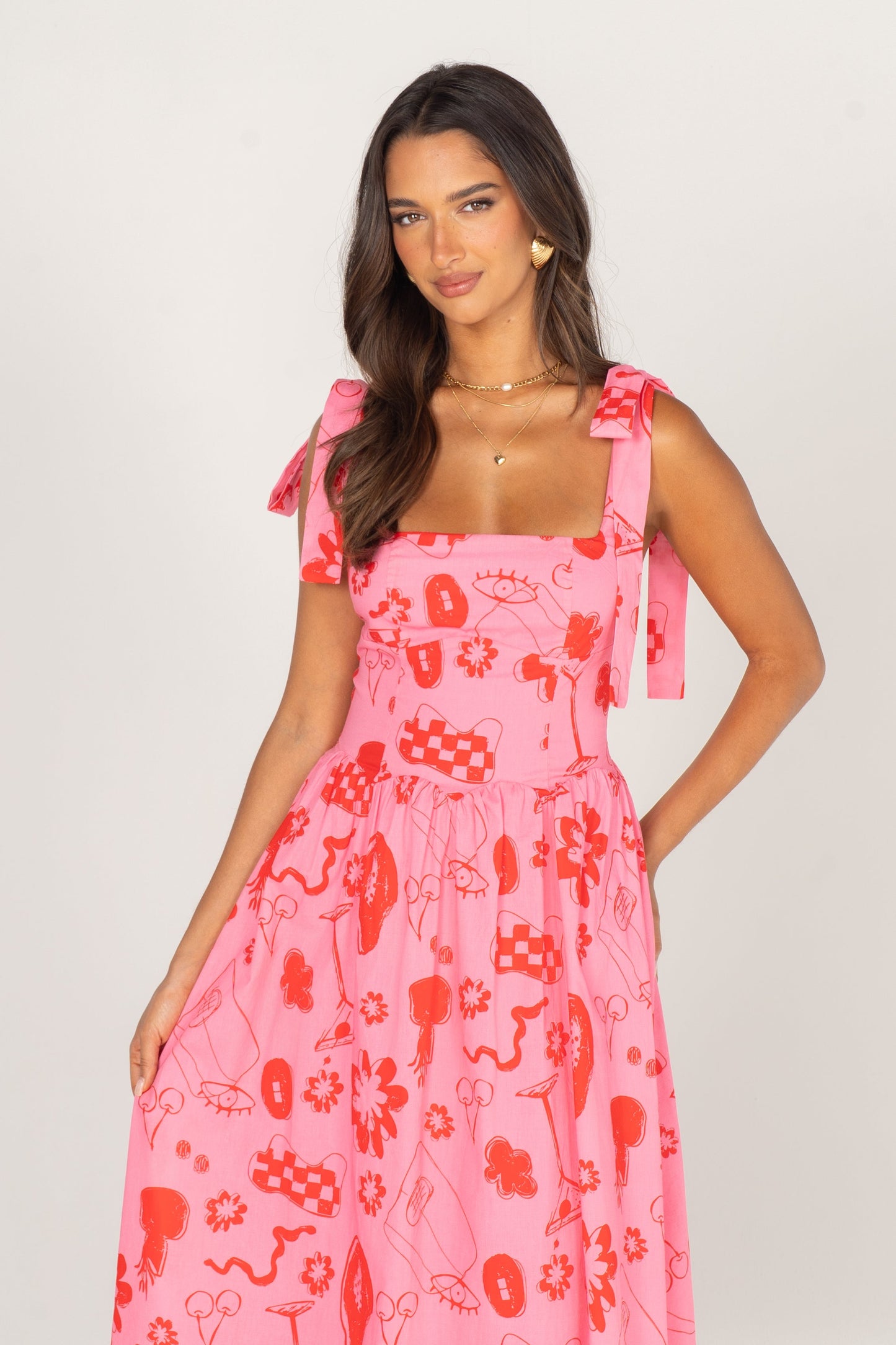 Willa Pink & Red Print Maxi Dress with Shoulder Ties