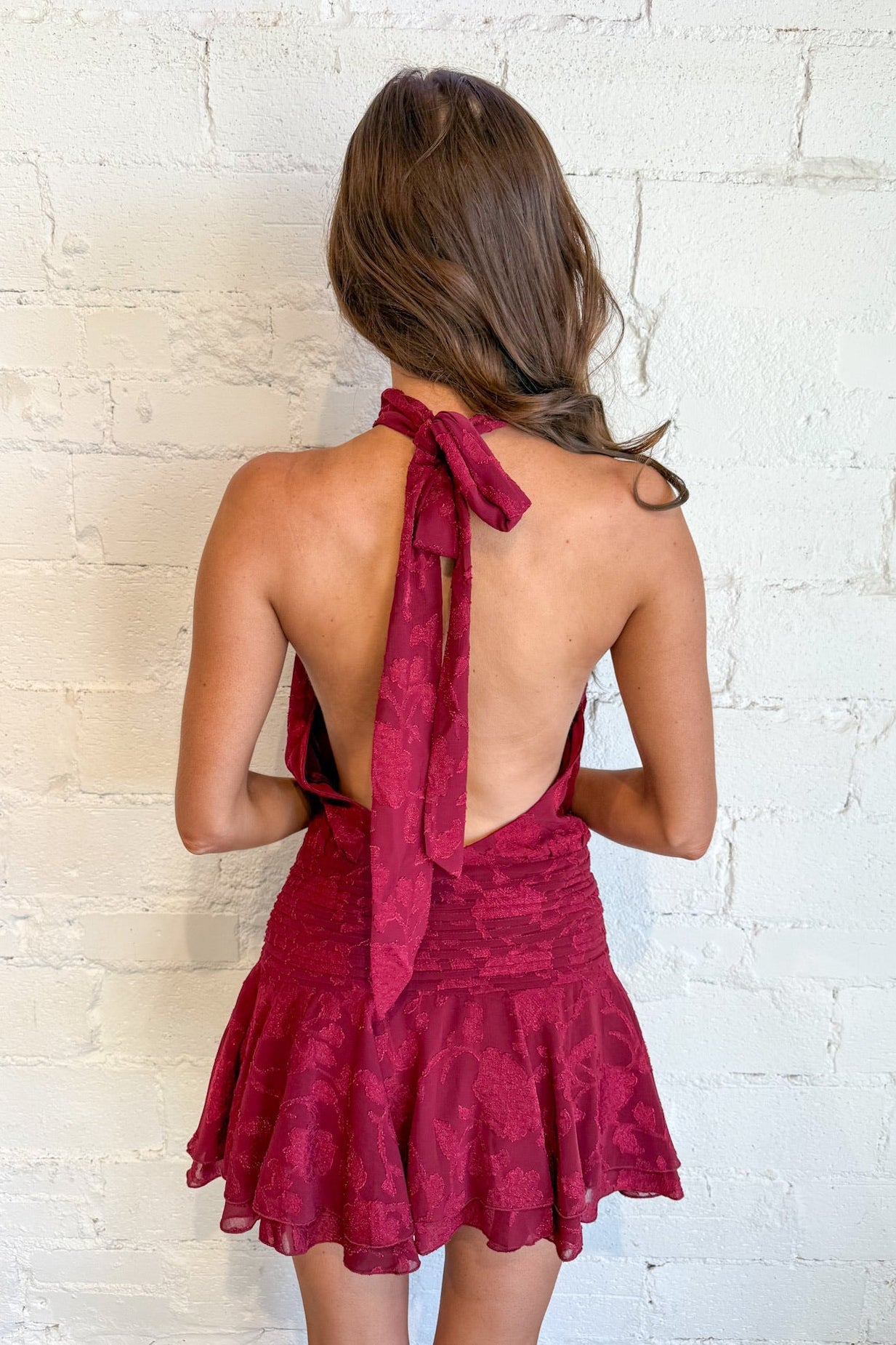 Wine Floral Backless Mini Dress