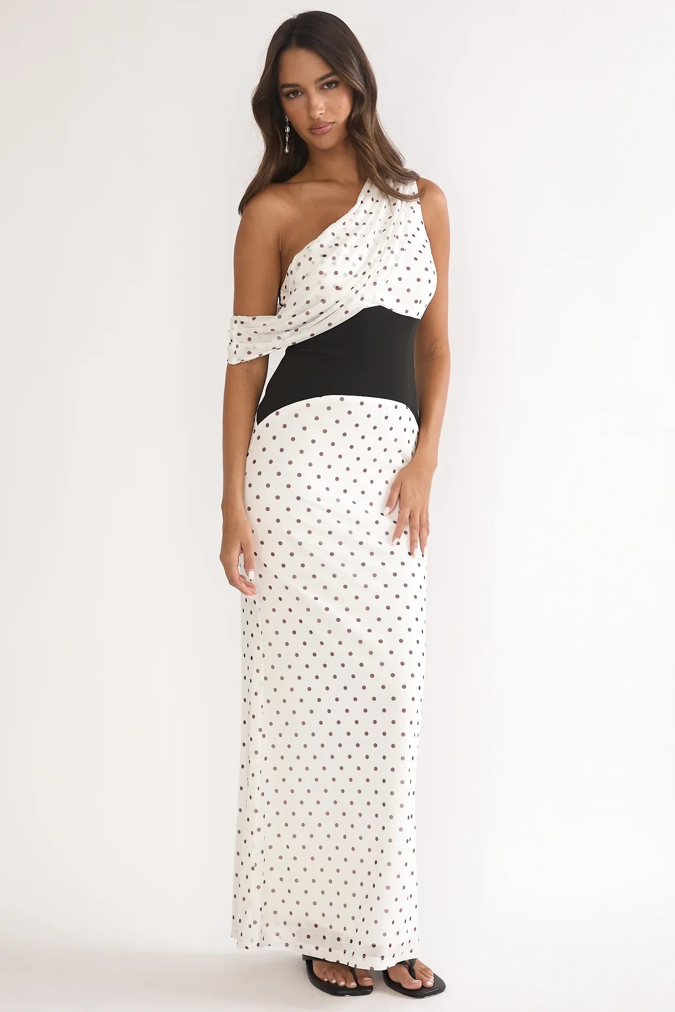 Milos Asymmetric Neckline Maxi Dress Polka Dot Brown