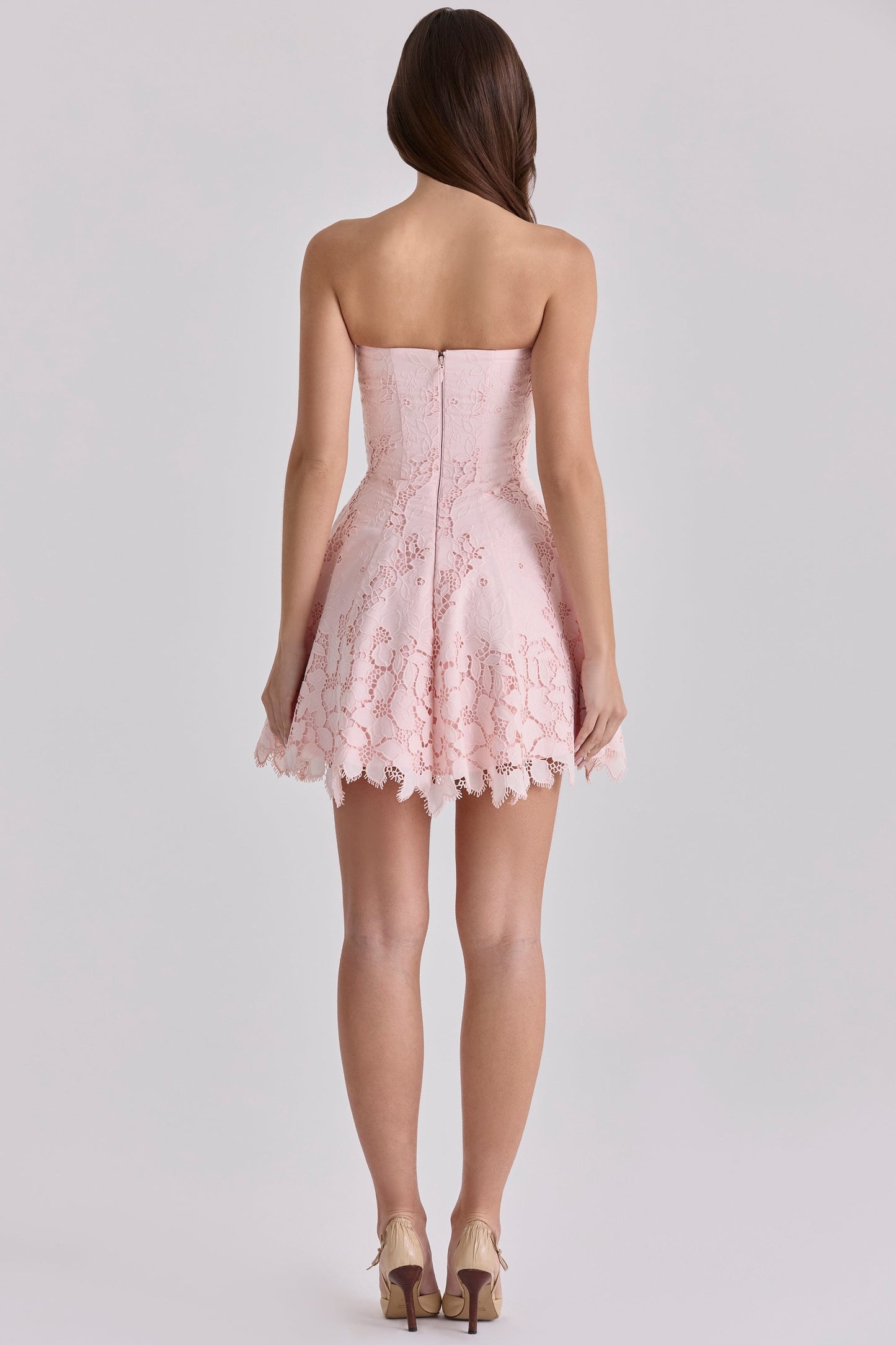 pink strapless cut out broderie anglaise mini dress