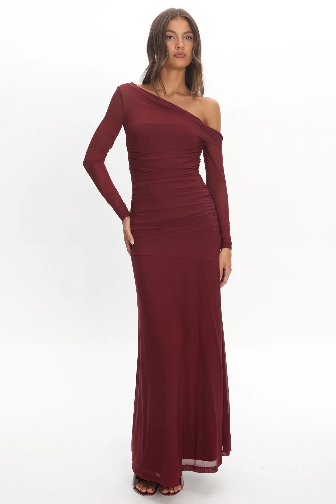 Lylah Asymmetric Neckline Long Sleeve Maxi Dress Mesh Chocolate