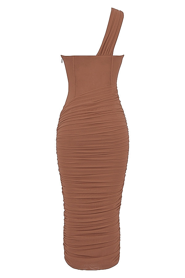 mocha asymmetric cutout midi dress
