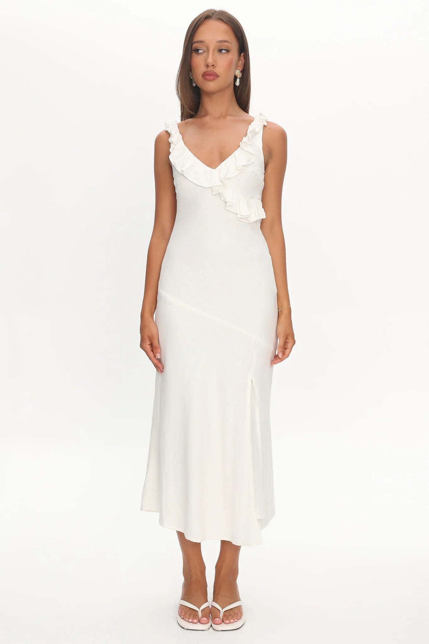 Alba Frill Trim Midi Dress White