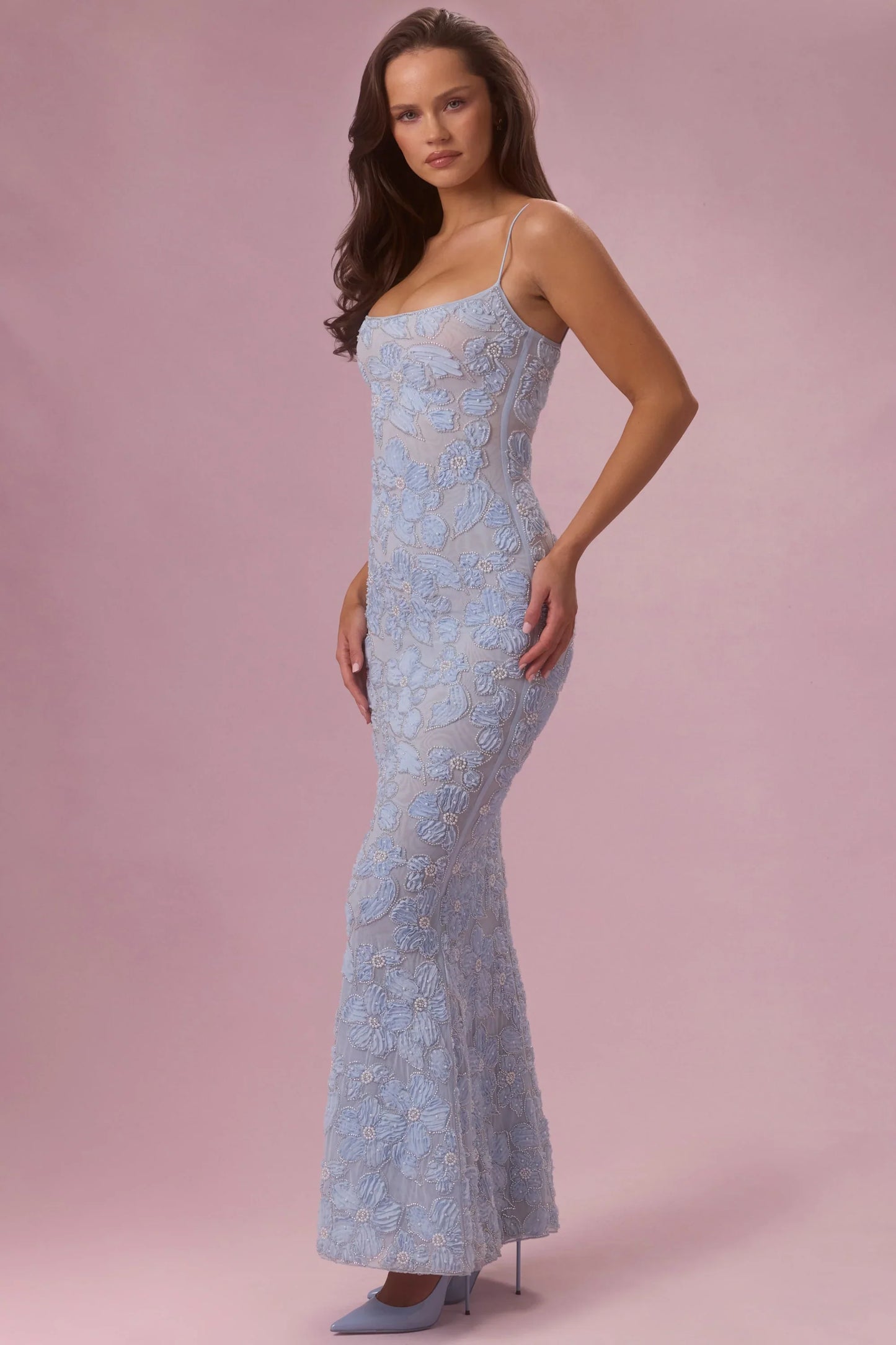 Embellished Square Neck Maxi Dress in Powder Blue