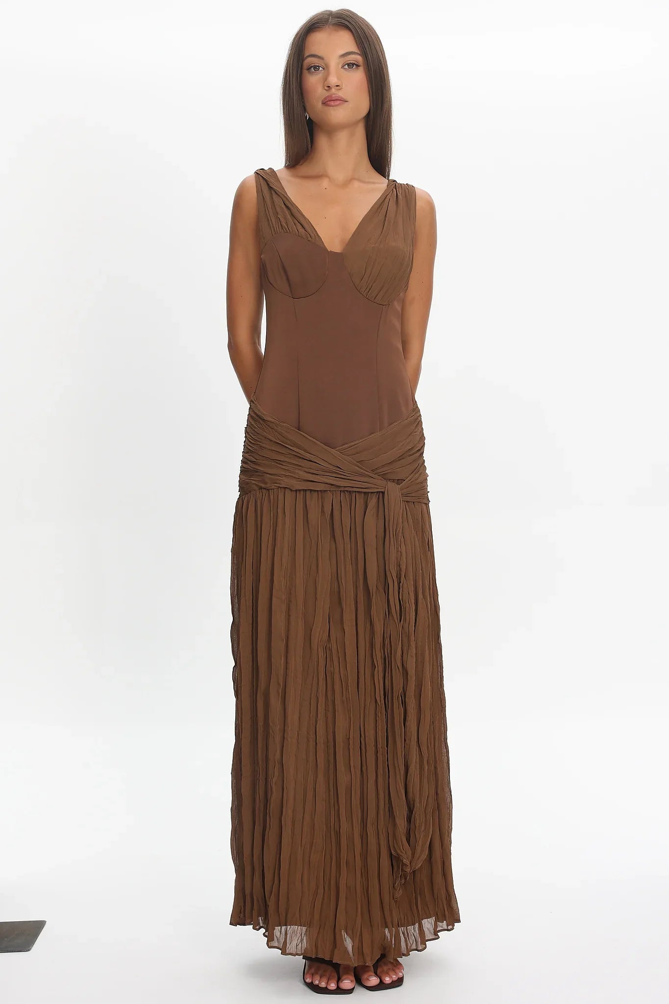 Keia Crepe Chiffon One-Shoulder Maxi Dress Chocolate
