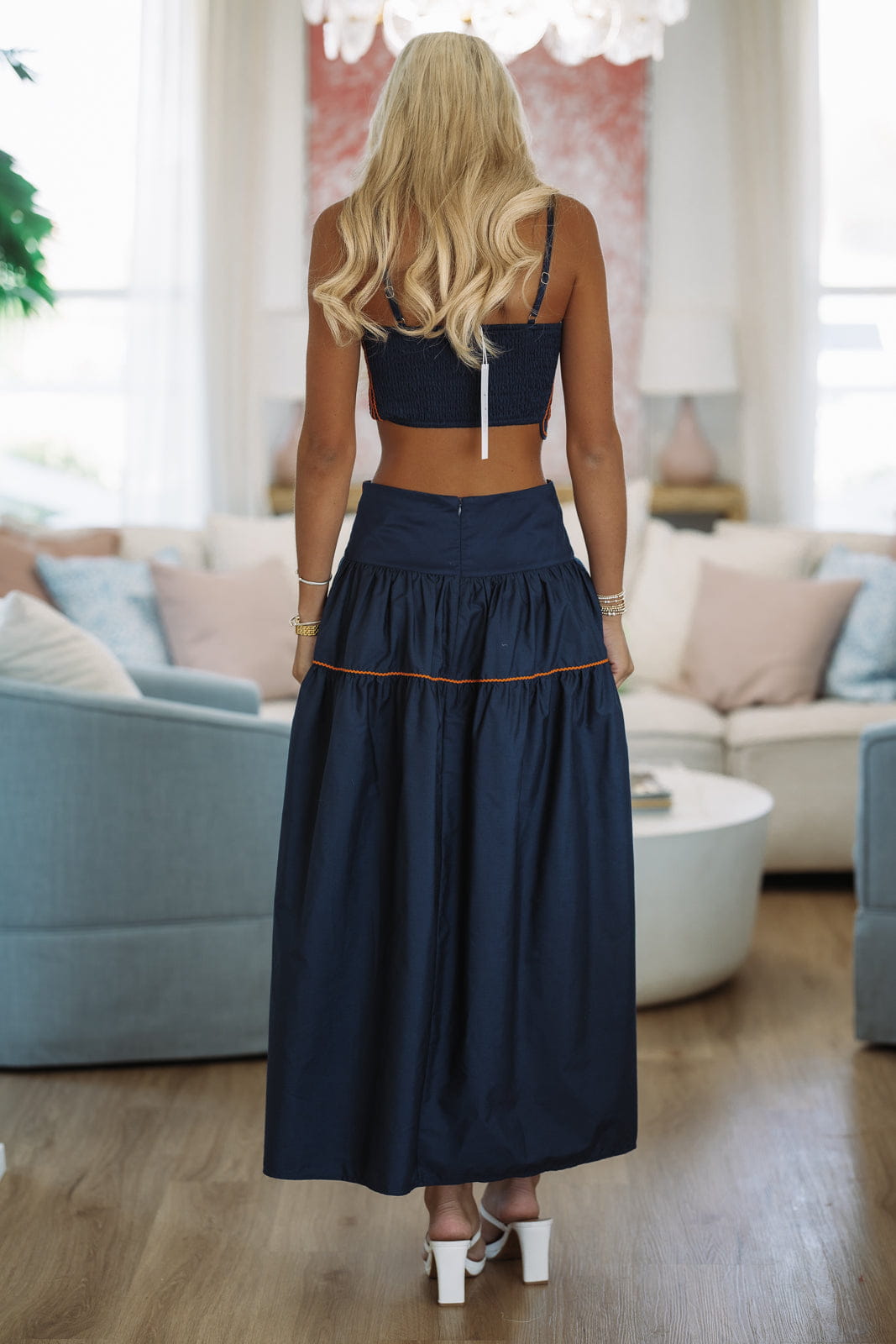 Marina Muse Crop Top and Maxi Skirt Set - Navy and Orange
