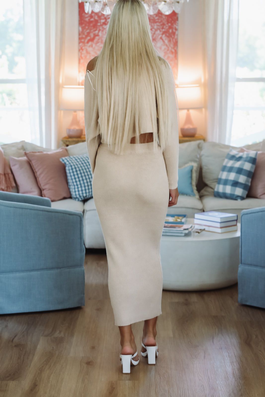 Still Waiting Knit Crop Top and Midi Skirt Set - Light Taupe