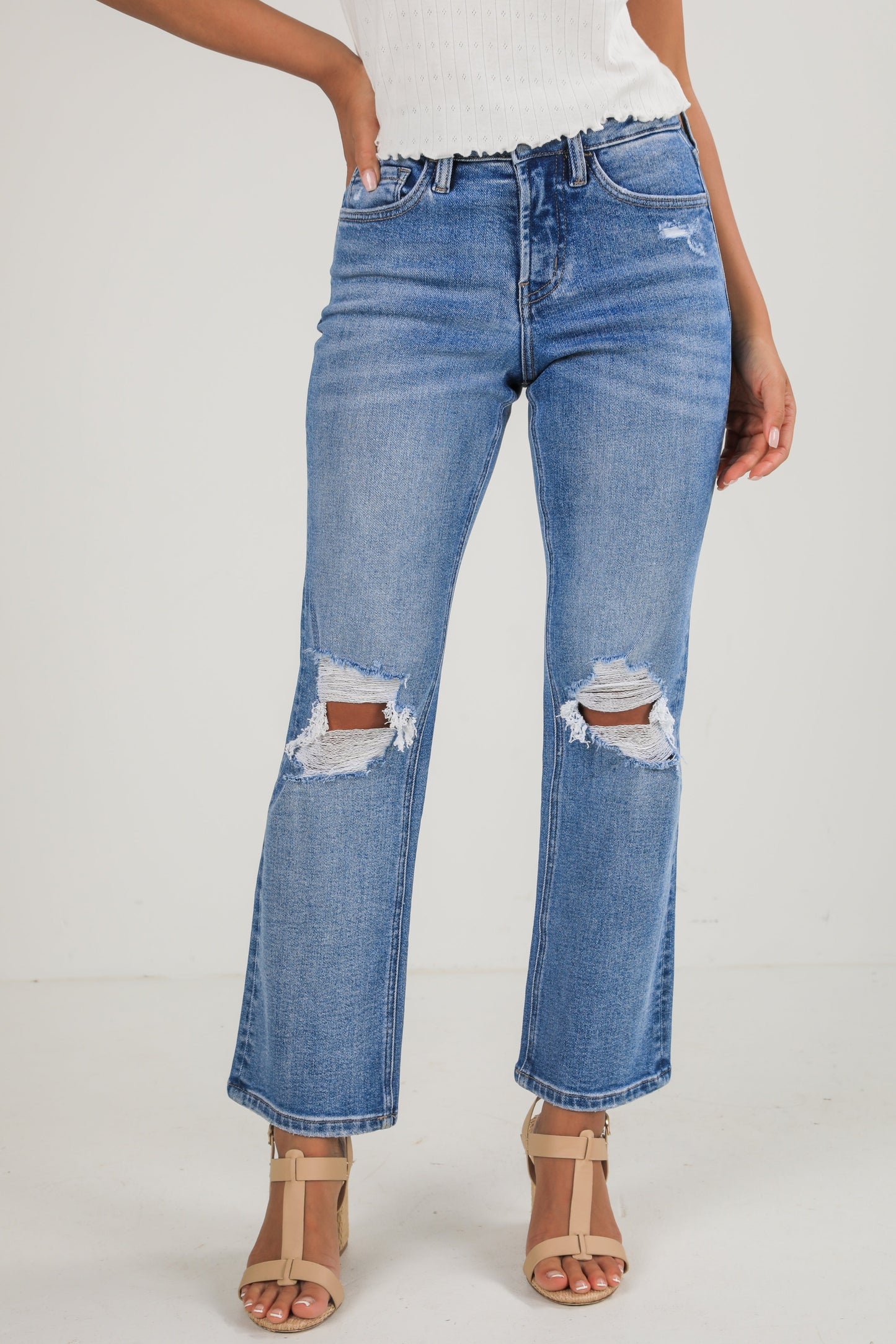 Ella Medium Wash High-Rise Distressed Straight Leg Jeans