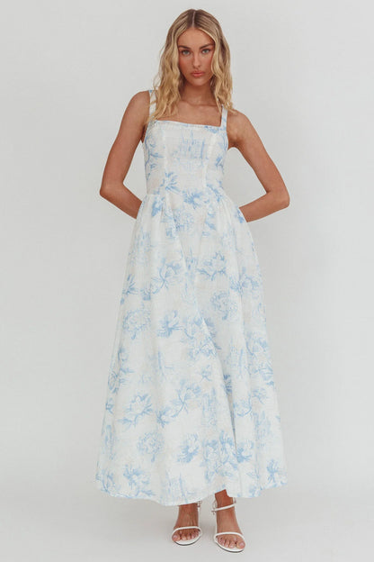 El Corazon Smocked Neckline Maxi Dress Print Blue