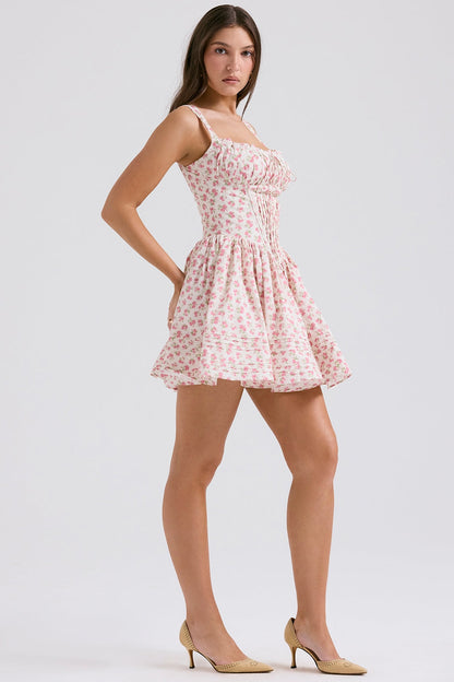 white rosebud print cotton mini dress