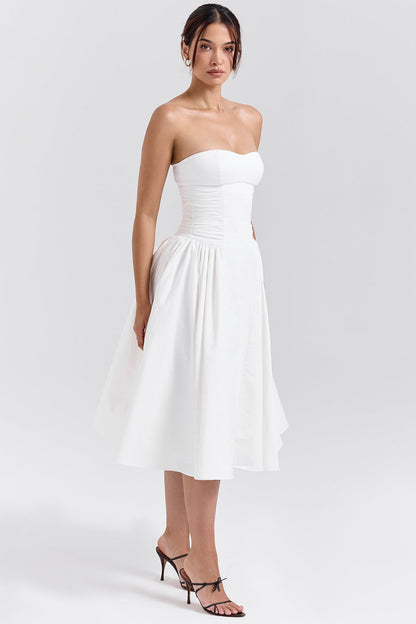 white cotton strapless midi sundress
