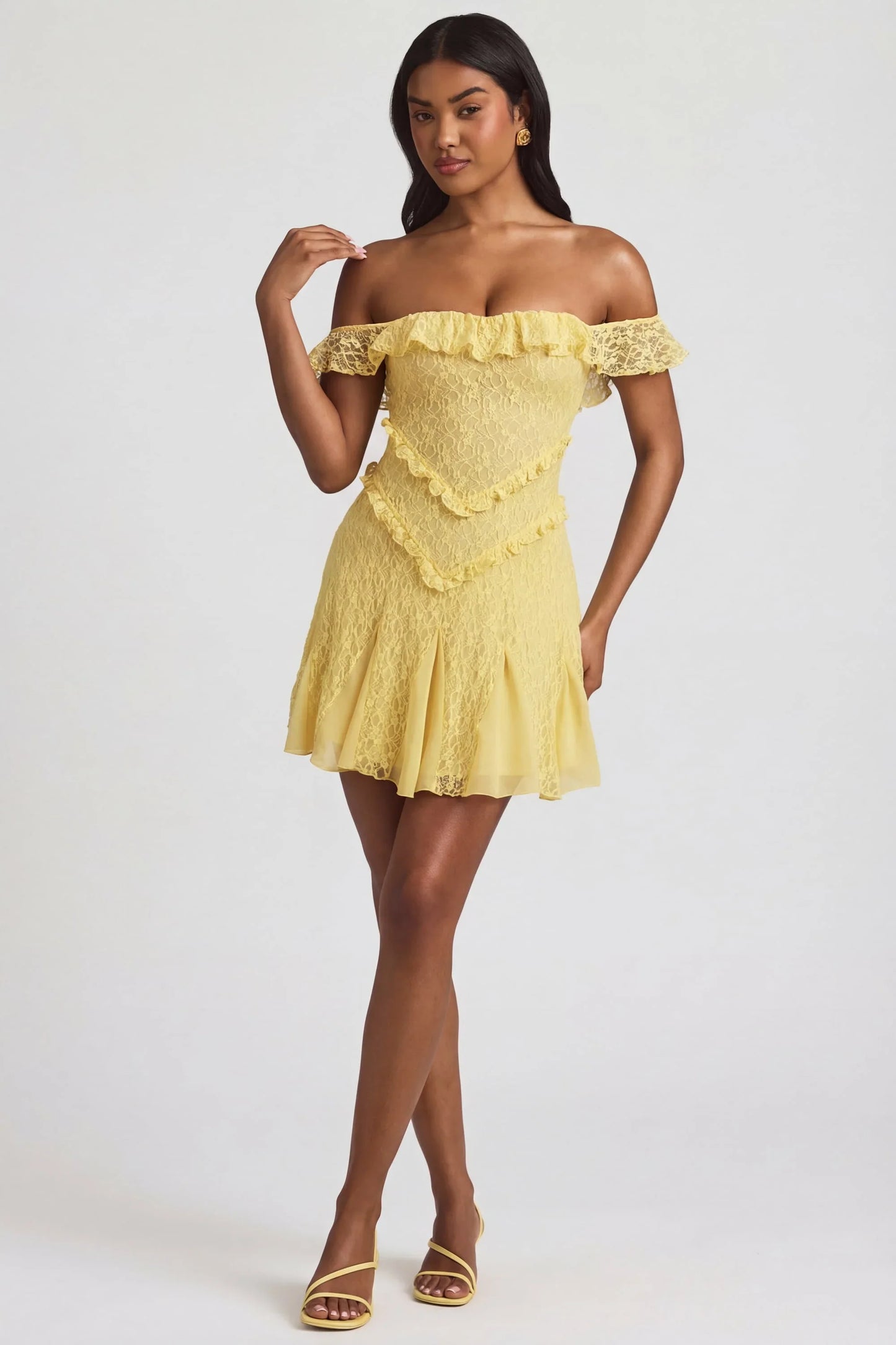 Off-Shoulder Lace A-Line Mini Dress in Pastel Yellow