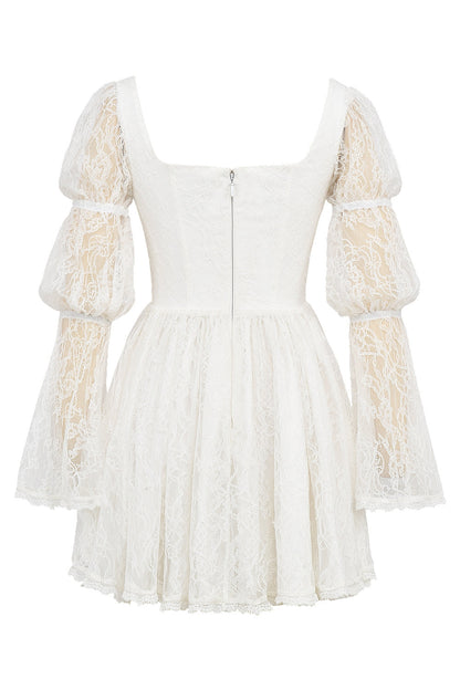 white lace puff sleeve mini dress