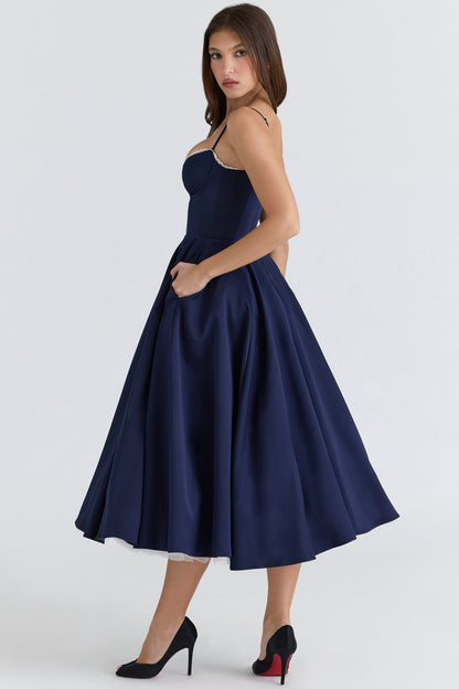 navy satin tulle midi dress