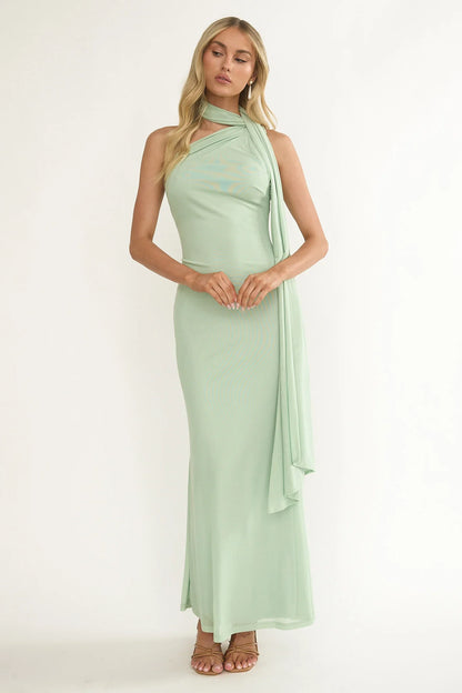 Ilyse Neck Scarf One-Shoulder Maxi Dress Mint