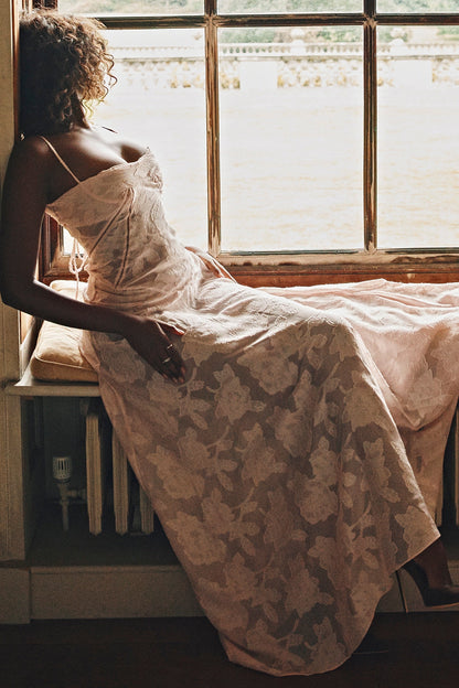 soft pink floral lace back maxi dress